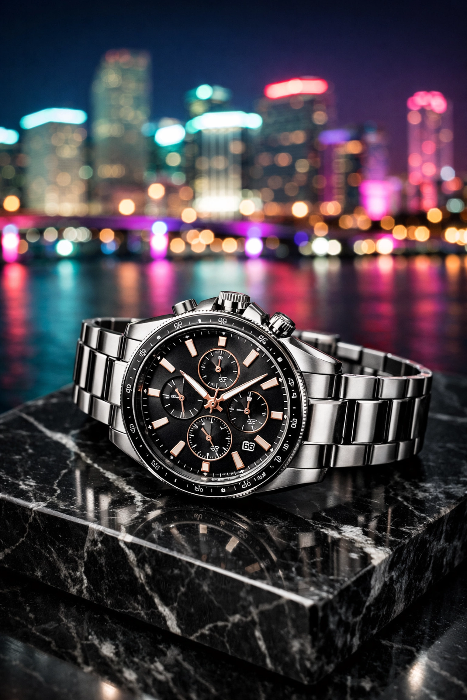 High-end luxury watch product photography miami featuring the city skyline at twilight.