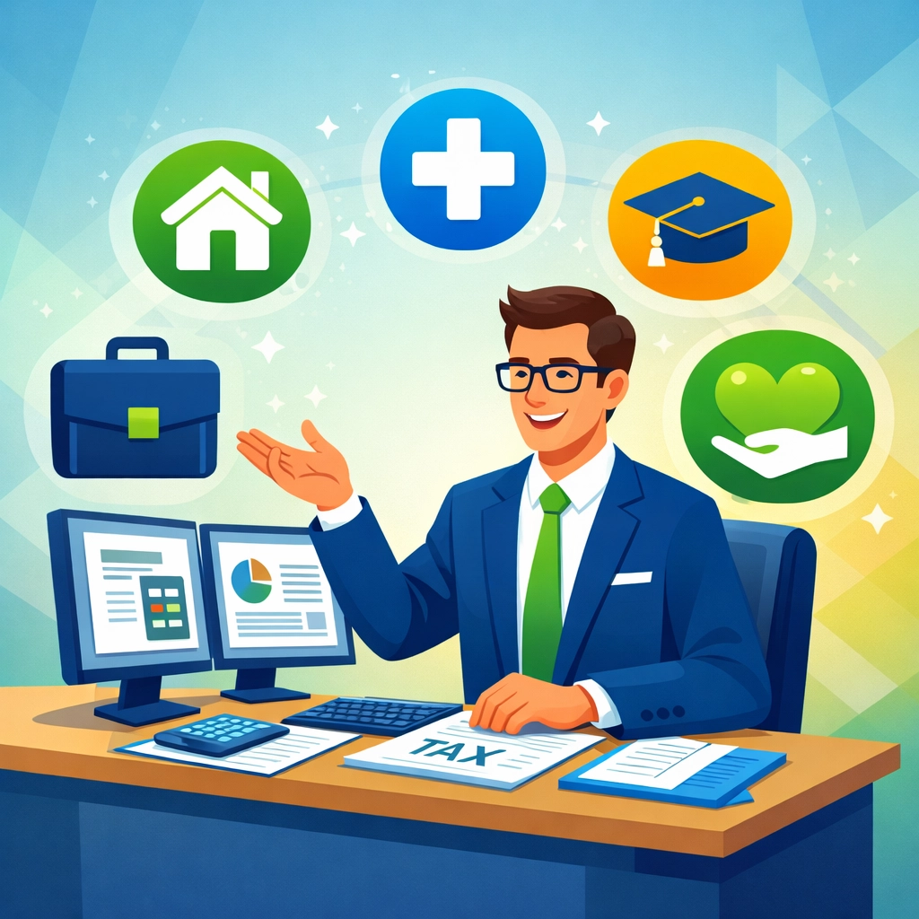 Concierge tax pro reviewing digital tax deductions and forms on computer