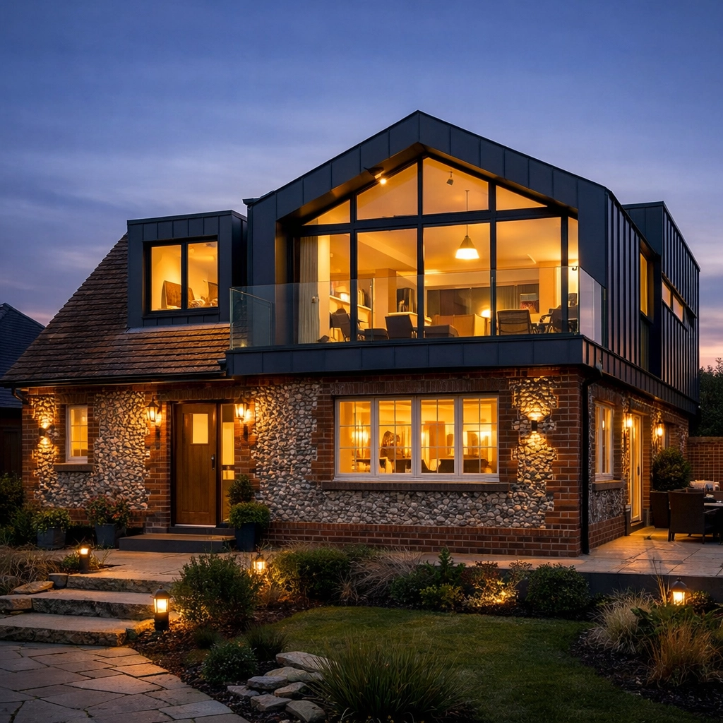 Chichester bungalow transformation with a modern second floor and traditional West Sussex flint.