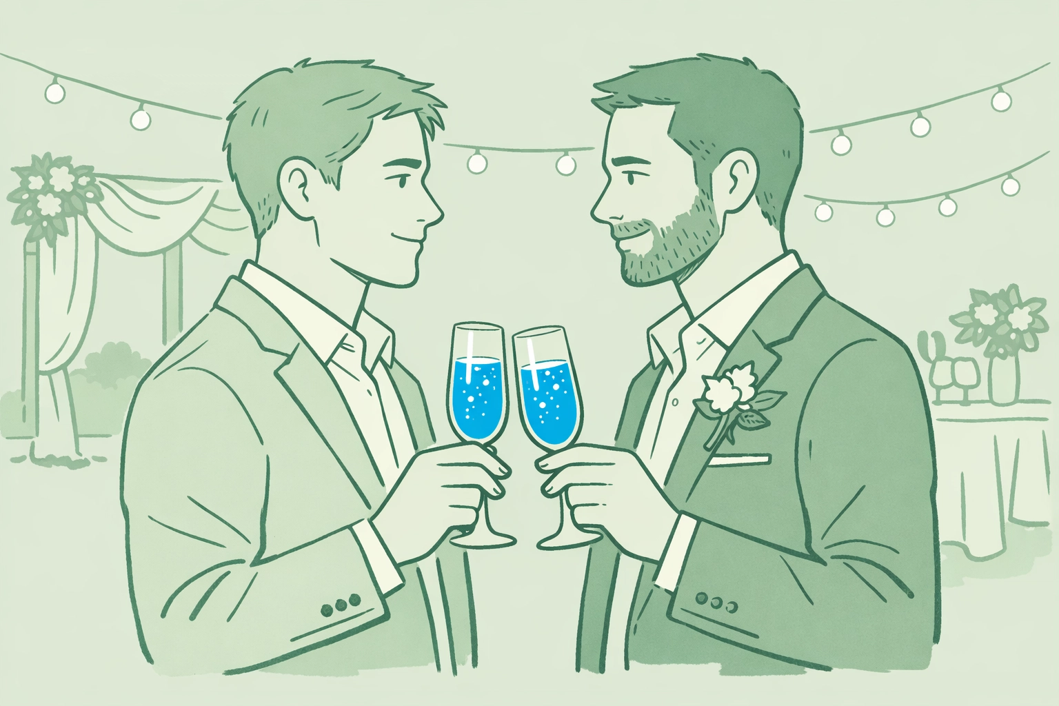 Same-sex couple enjoying sparkling wine at outdoor wedding reception