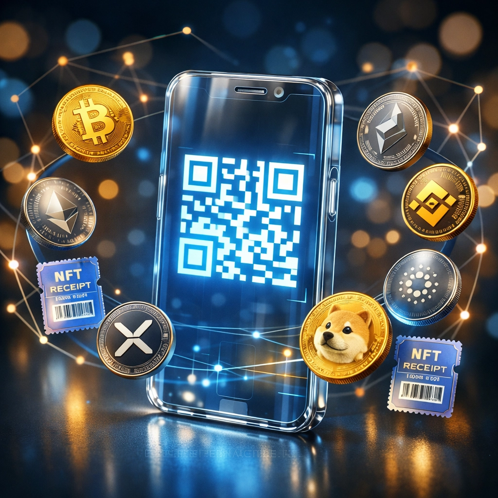 Larecoin crypto POS QR code payment with NFT receipt tokens and cryptocurrency on smartphone