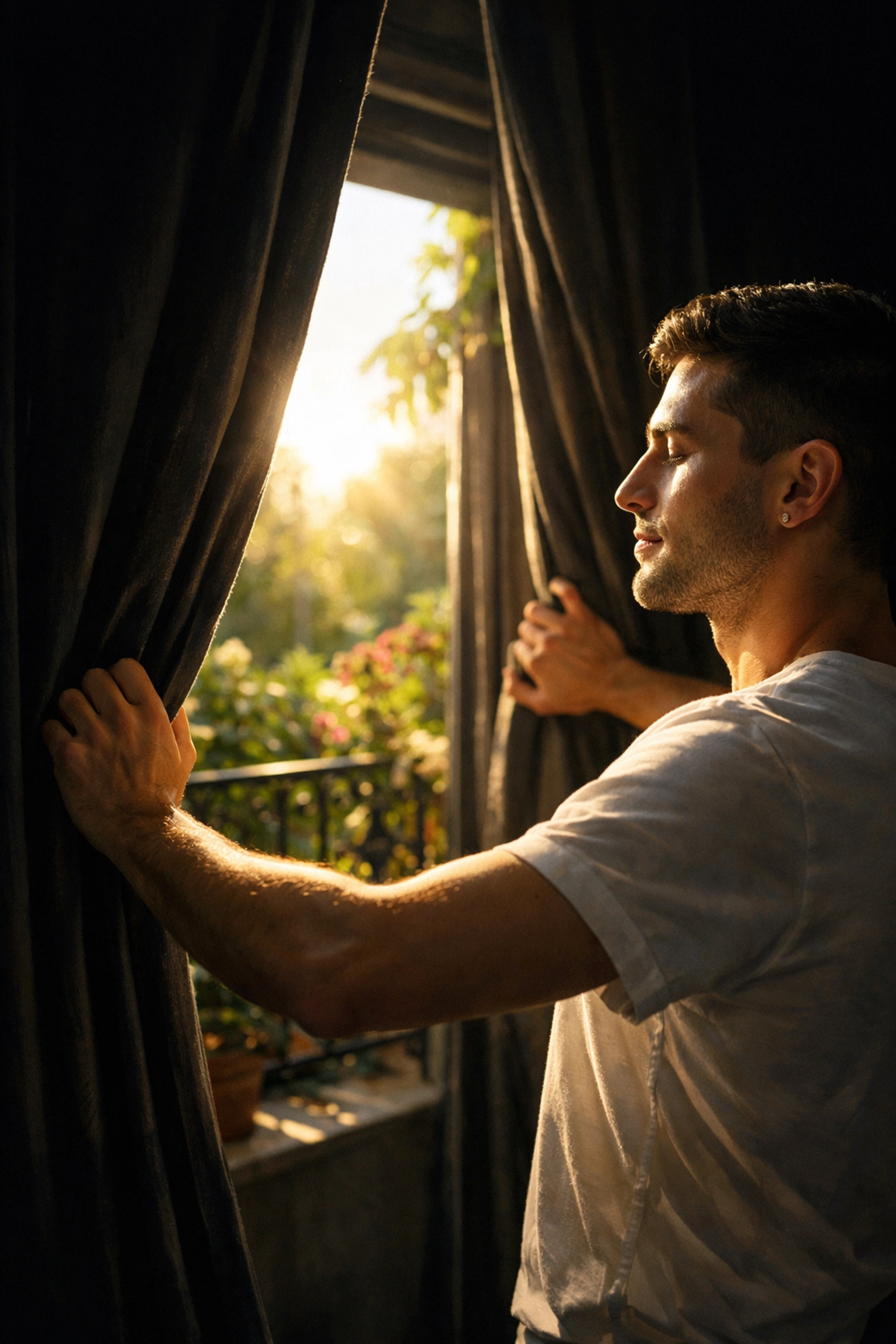 Gay man opening curtains to golden light, representing LGBTQ+ resilience and queer healing.