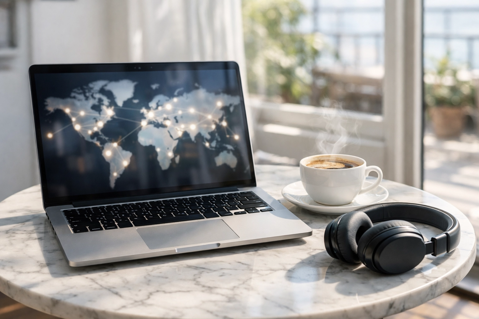 Laptop on a table showing global connectivity, symbolizing the freedom of a zero-investment side hustle.