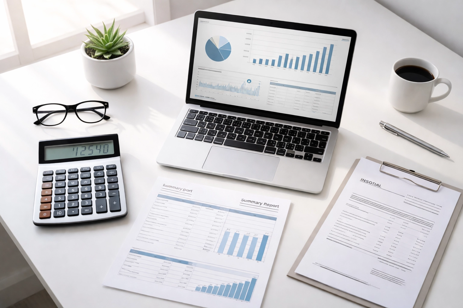 Organized accountant workspace with financial documents and calculator illustrating professional bookkeeping efficiency.