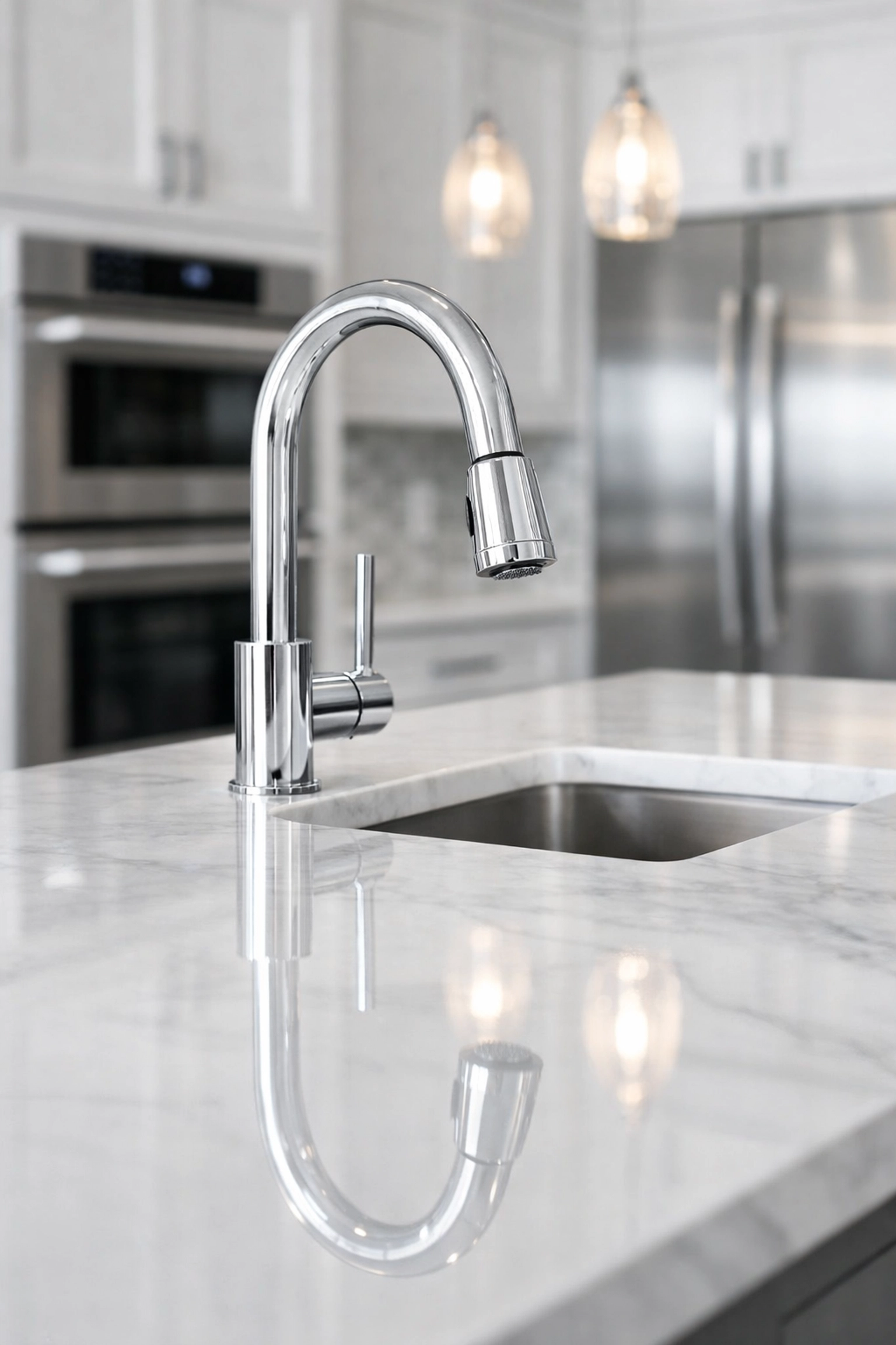 Sparkling clean kitchen island and marble countertop in a luxury Orlando residence after professional cleaning.