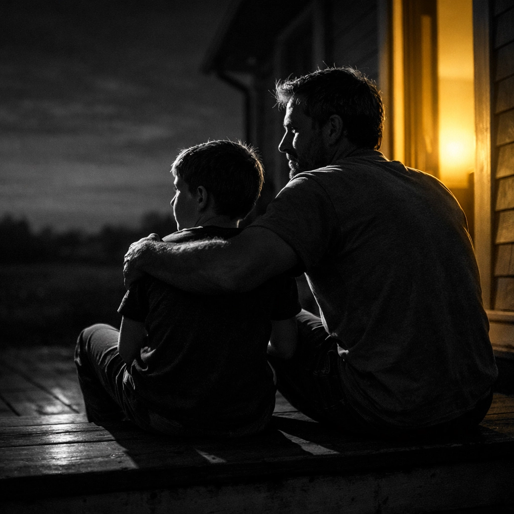 Father with arm around son on porch steps demonstrating biblical fatherhood and presence