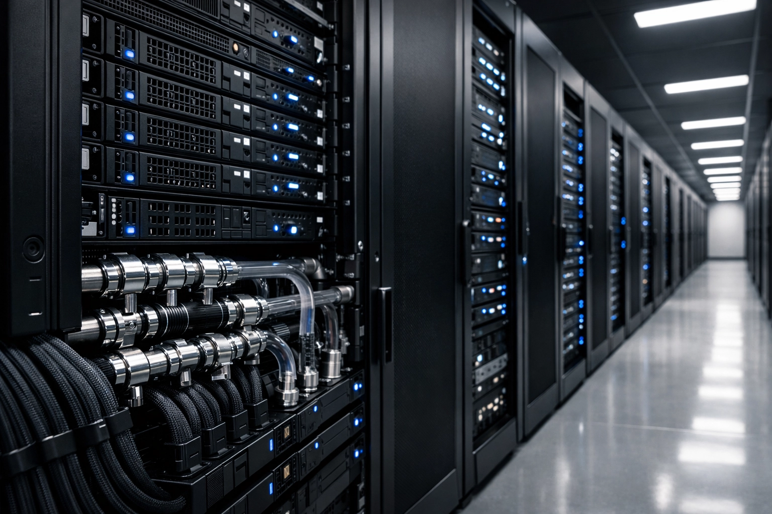 High-density AI server rack aisle in a modern data center emphasizing compliant 2026 NEC working space.