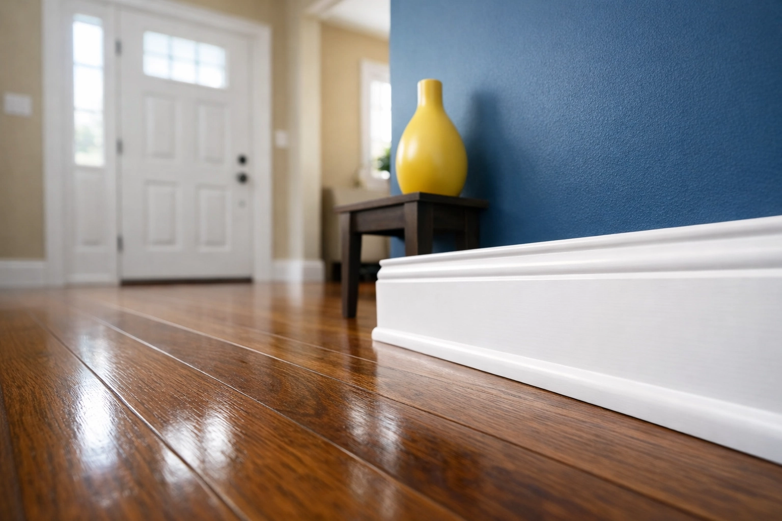 Deep cleaning services in Leominster MA highlighting spotless white baseboards and polished hardwood floors.