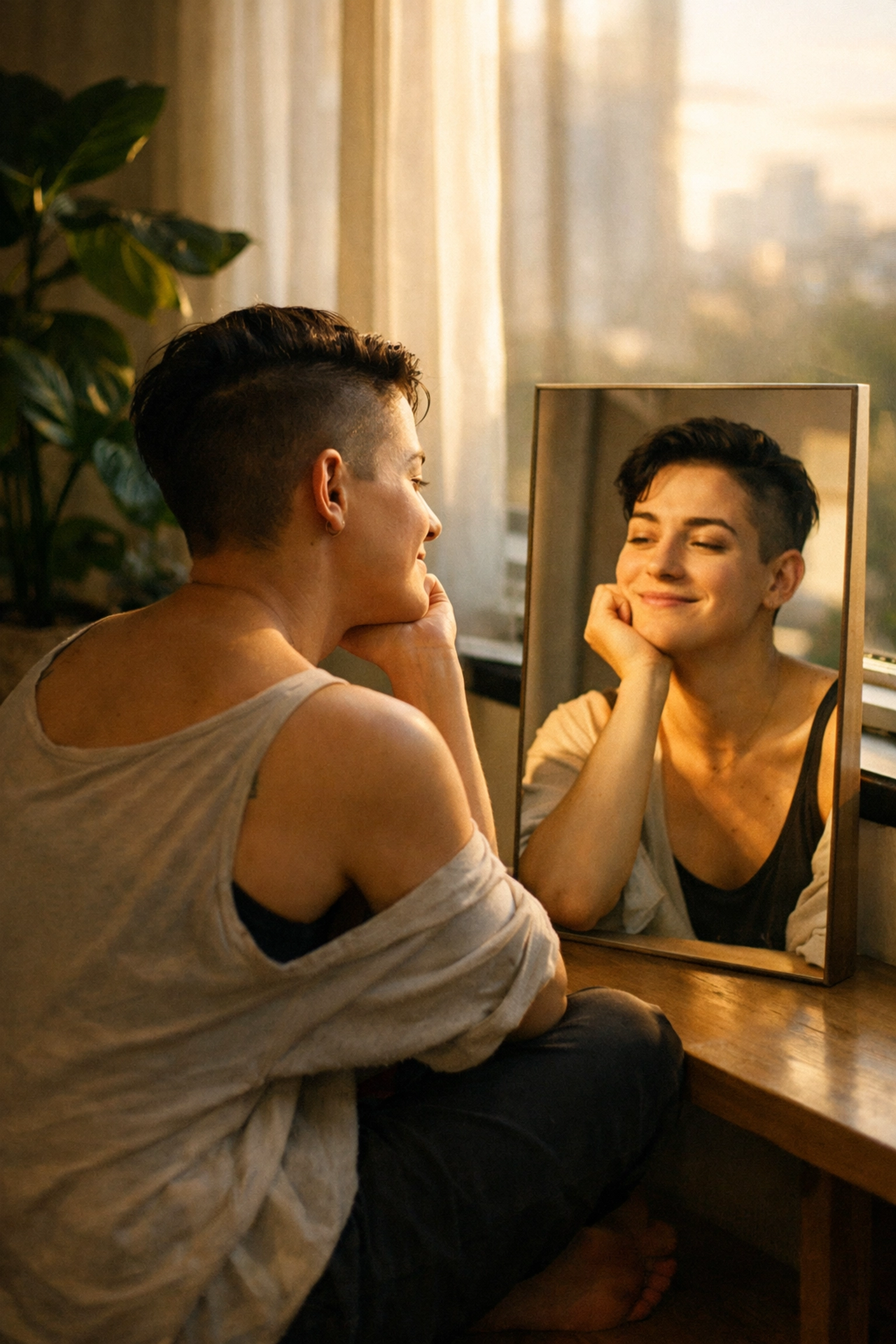 A queer person reflecting in a mirror, symbolizing self-acceptance and a journey of queer healing.