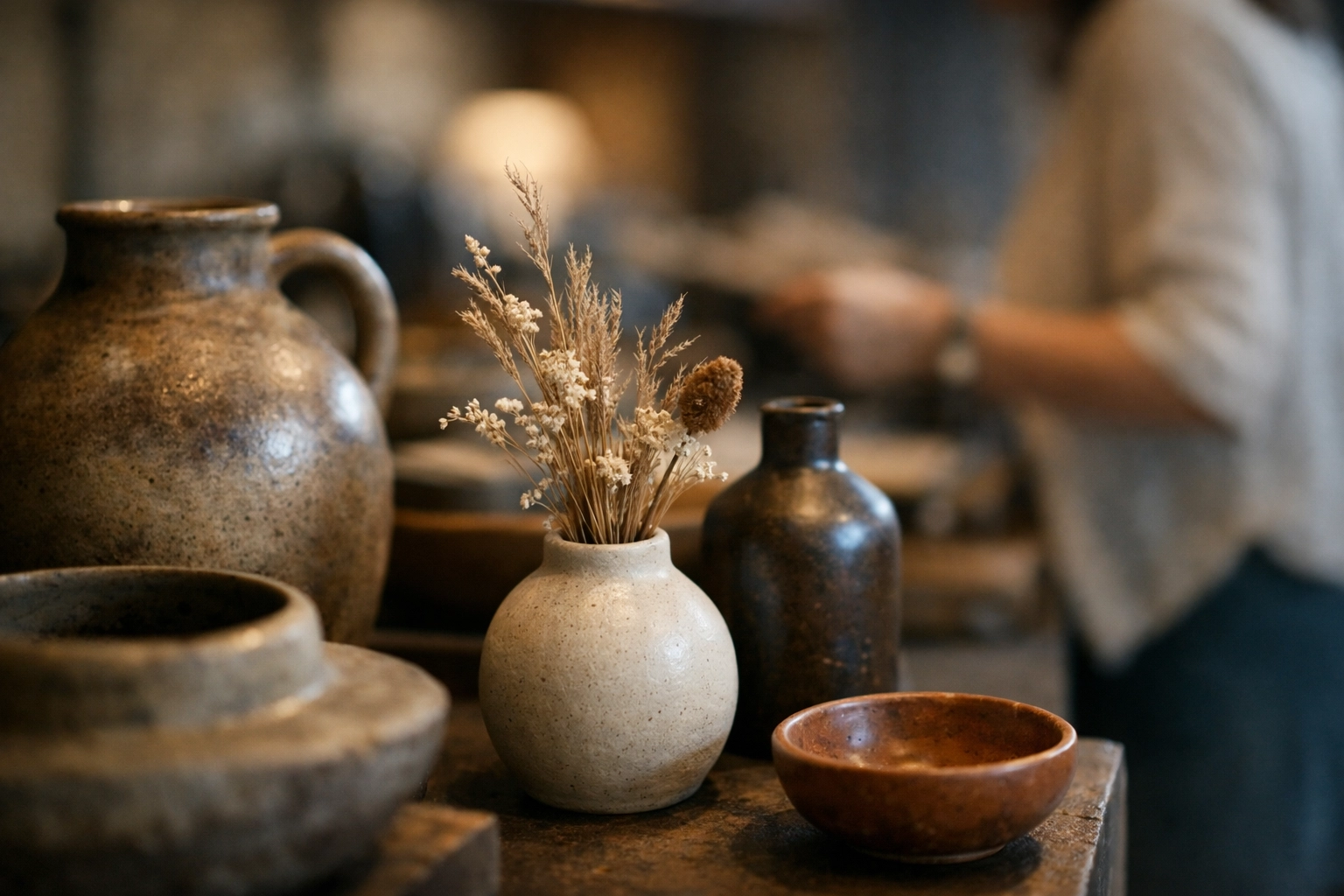 Handcrafted local ceramics displayed in a lobby to showcase community-centric hospitality and local art.
