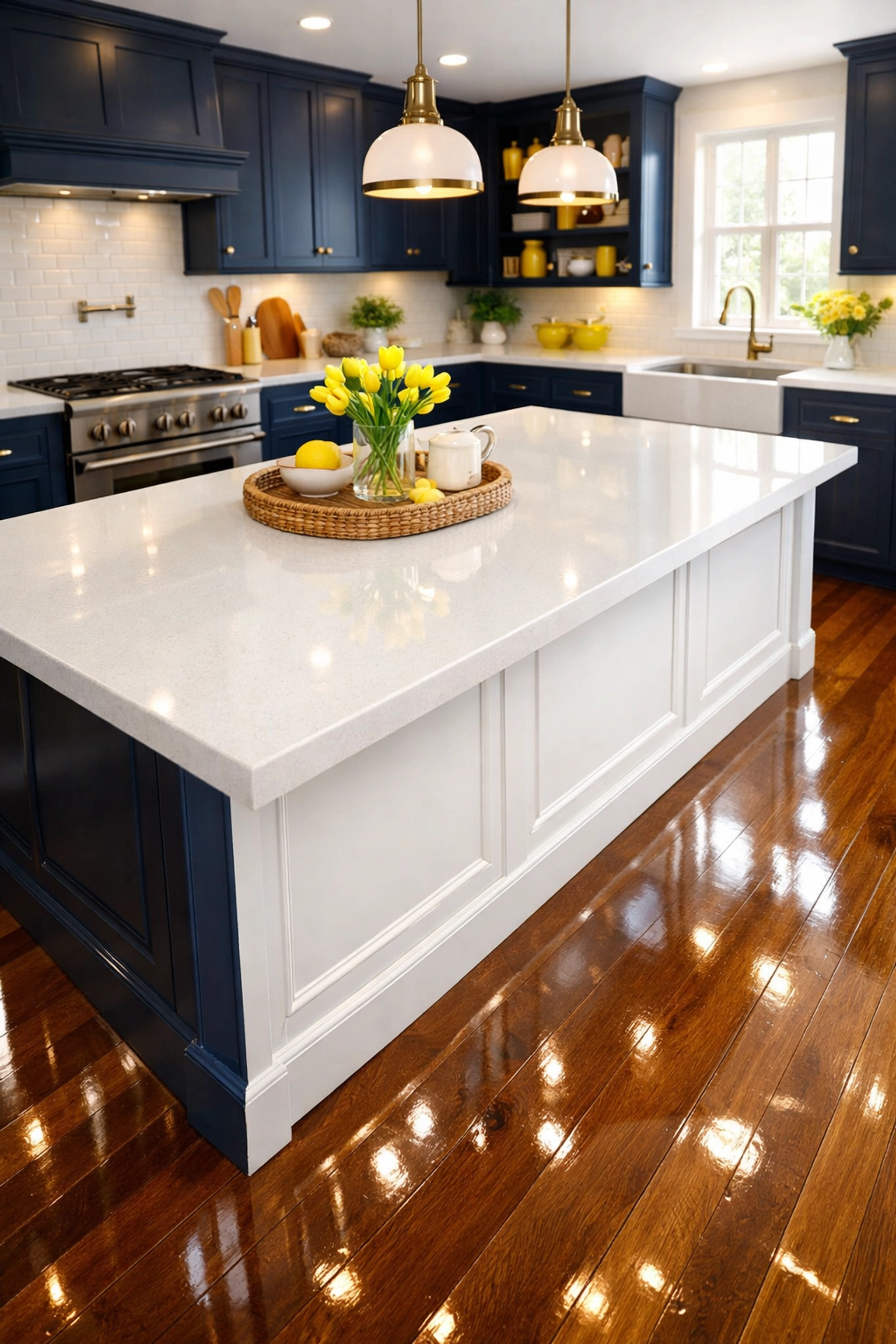 Clean hardwood floors and quartz island in a professionally maintained Lunenburg kitchen.