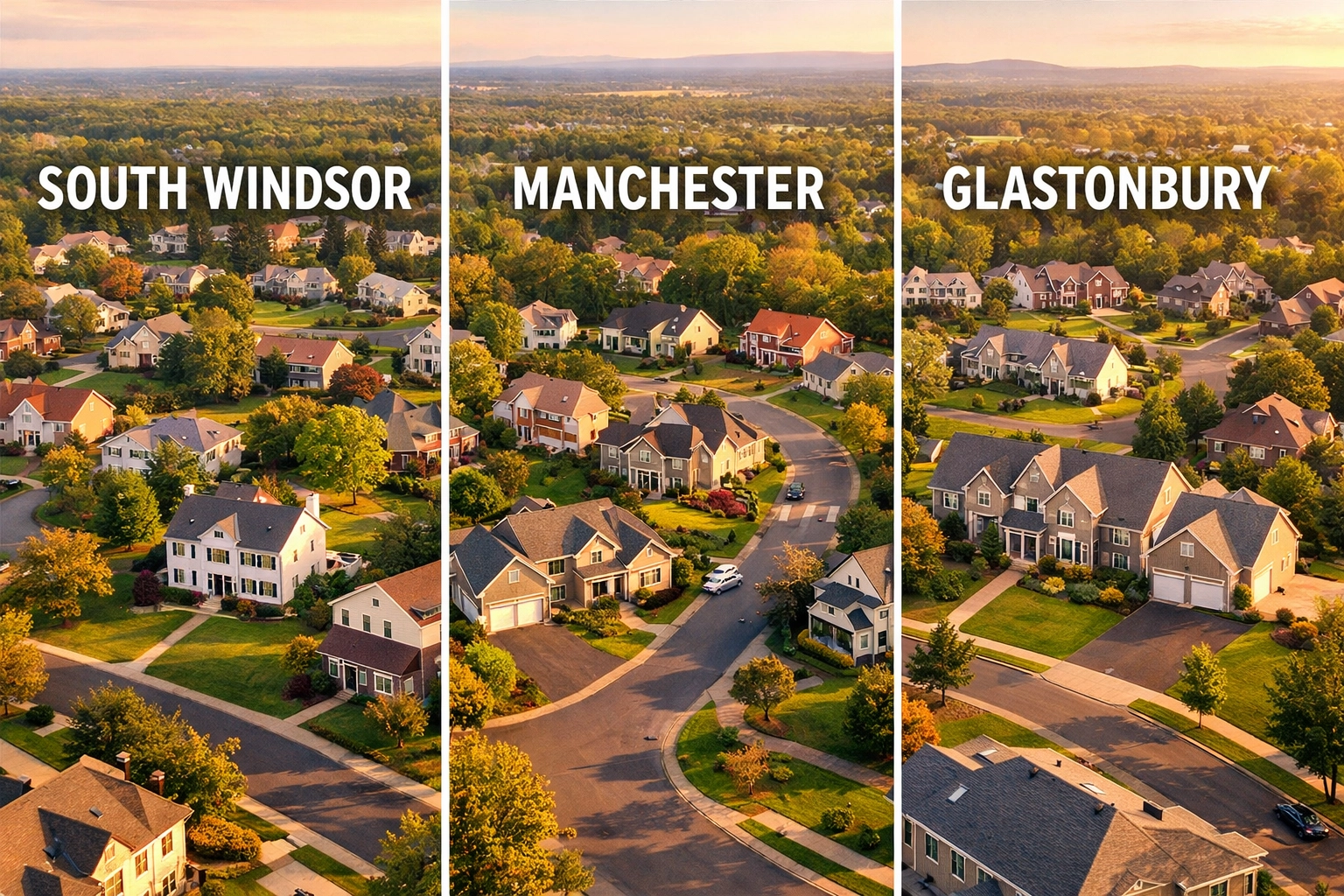 Aerial view of South Windsor, Manchester, and Glastonbury Connecticut neighborhoods with homes