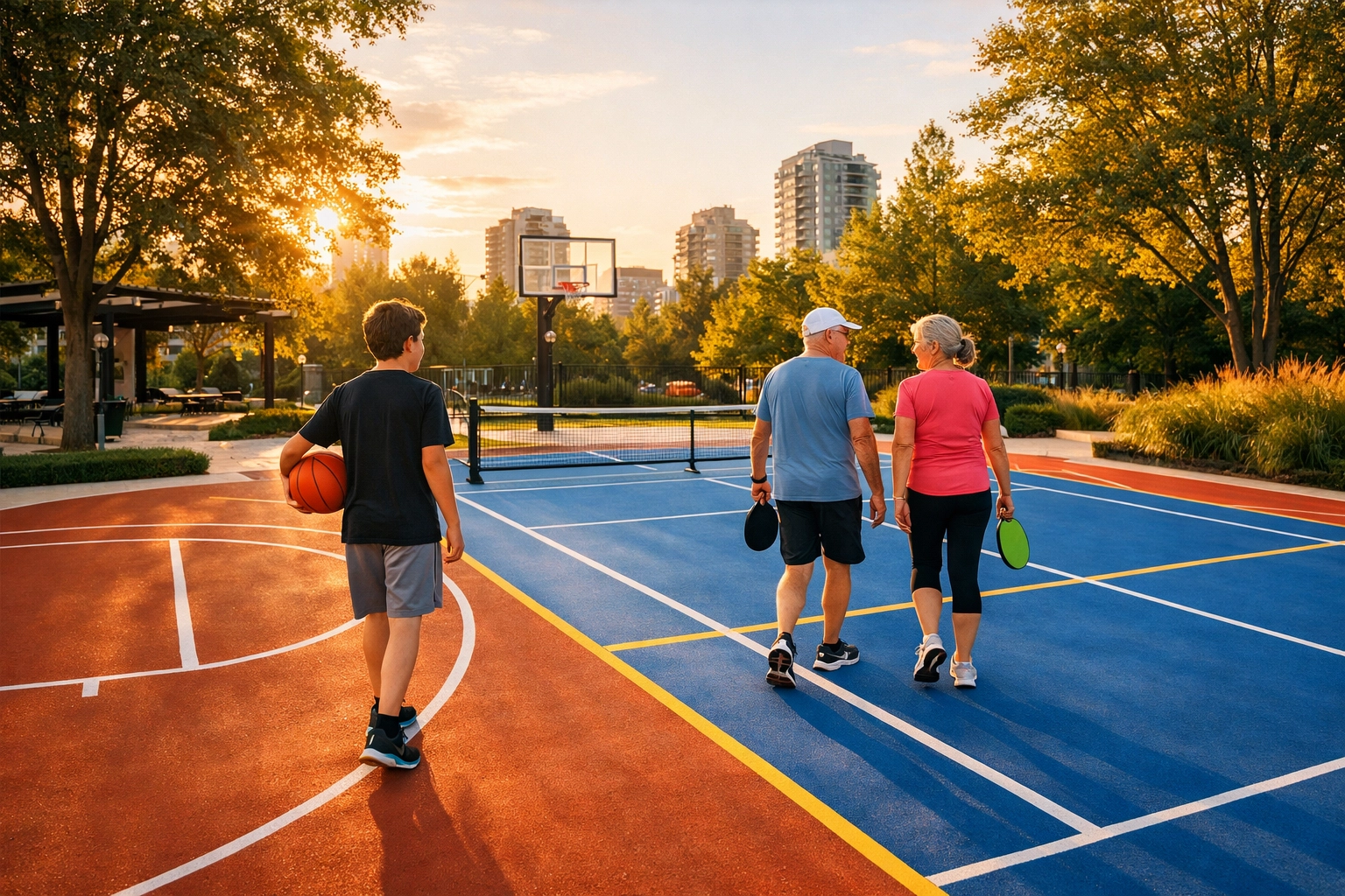 Inclusive design for community courts featuring vibrant modular sports tiles for basketball and pickleball.