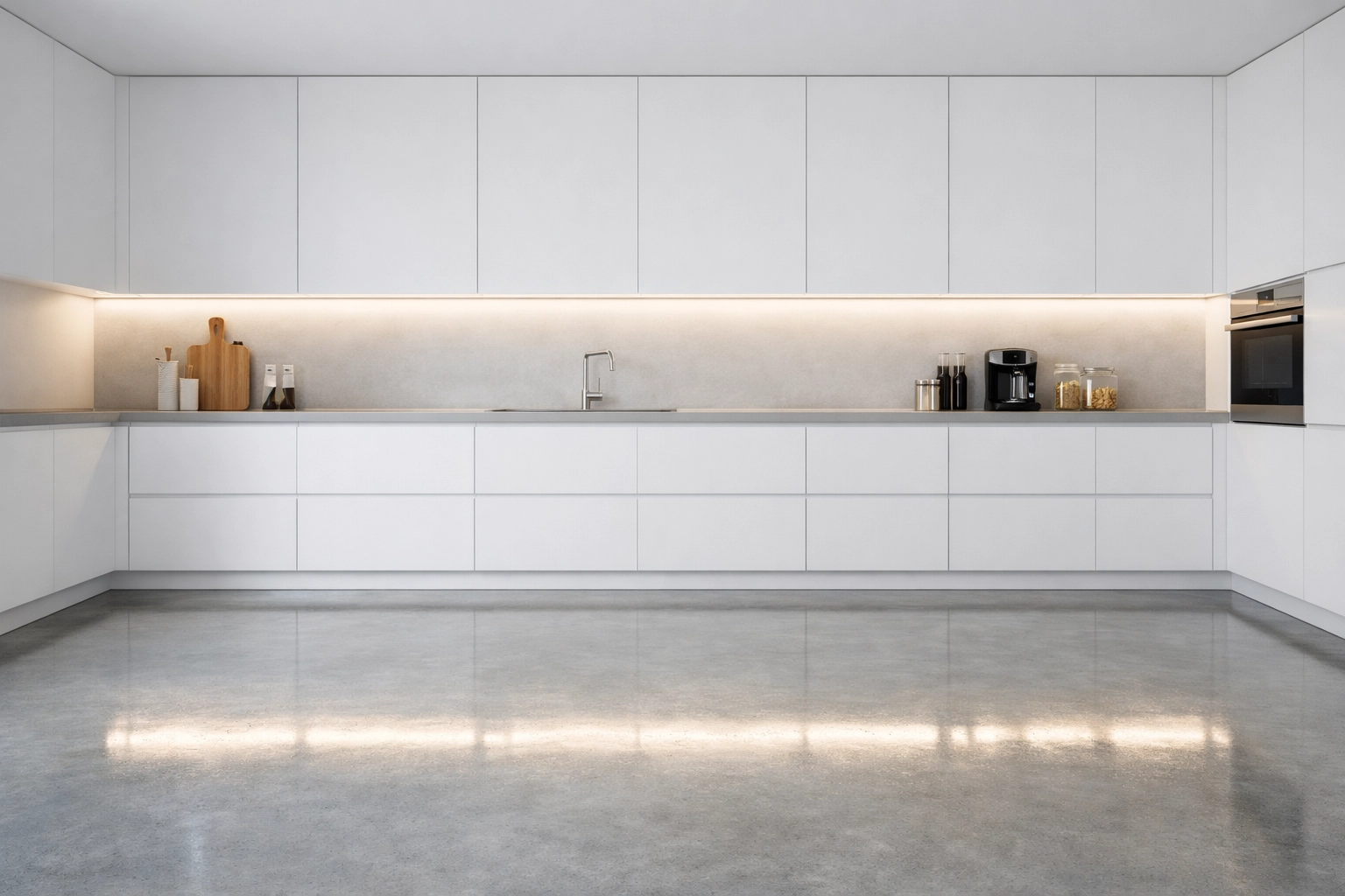 Modern kitchen with 4000K under-cabinet LED lighting creating a bright, airy floating cabinetry effect.