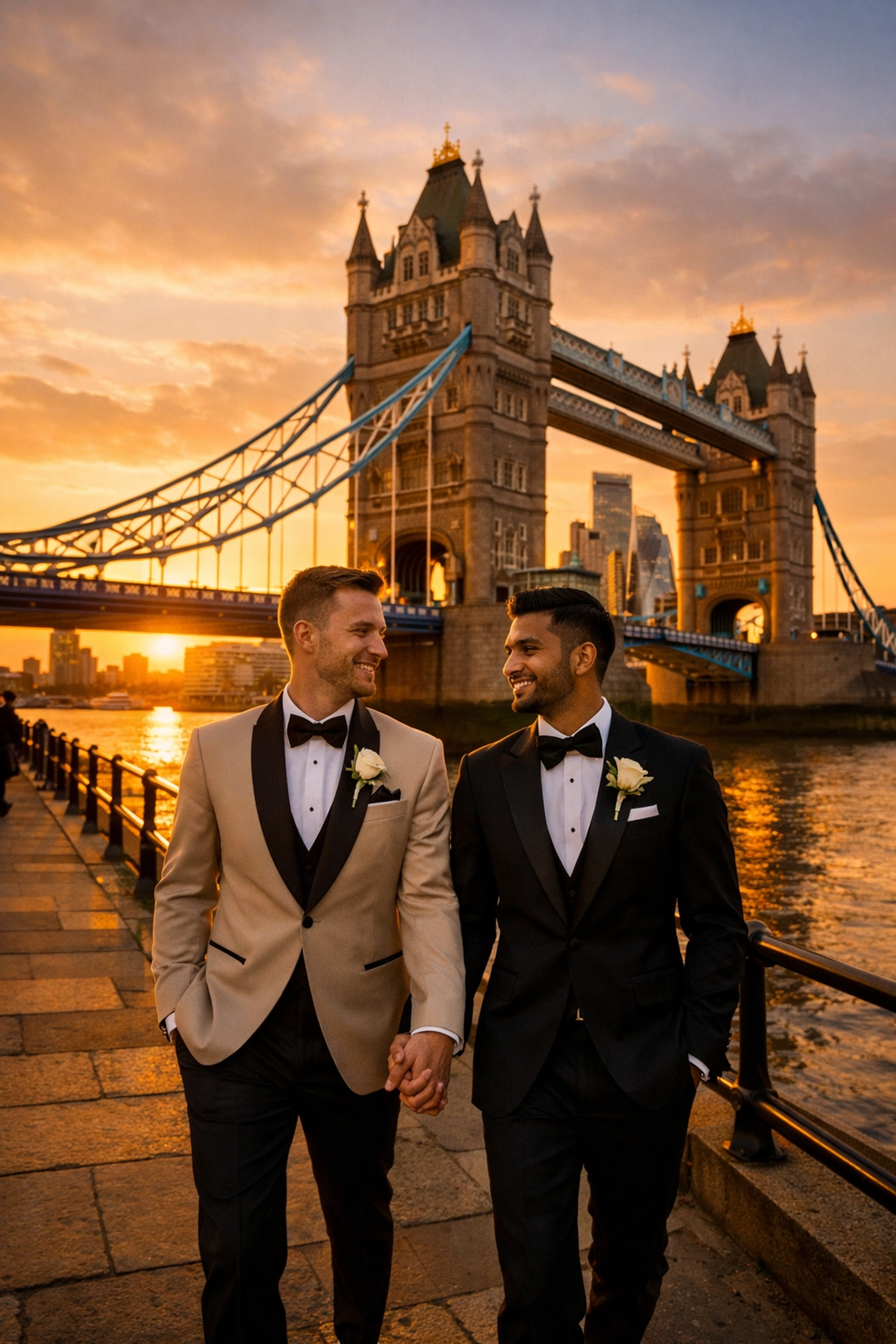 Gay couple walking hand-in-hand at Tower Bridge during romantic London elopement at sunset