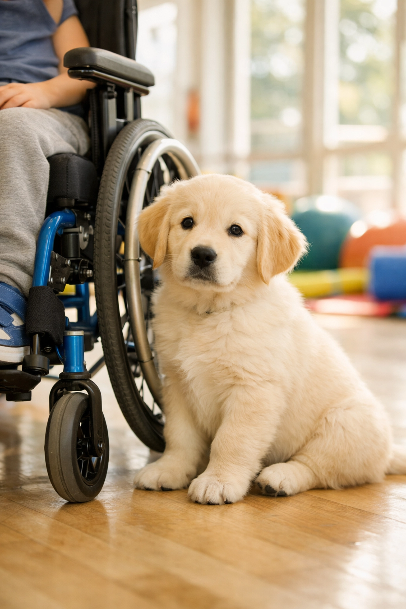 English Cream Golden Retriever therapy dog puppy training with wheelchair in Oregon