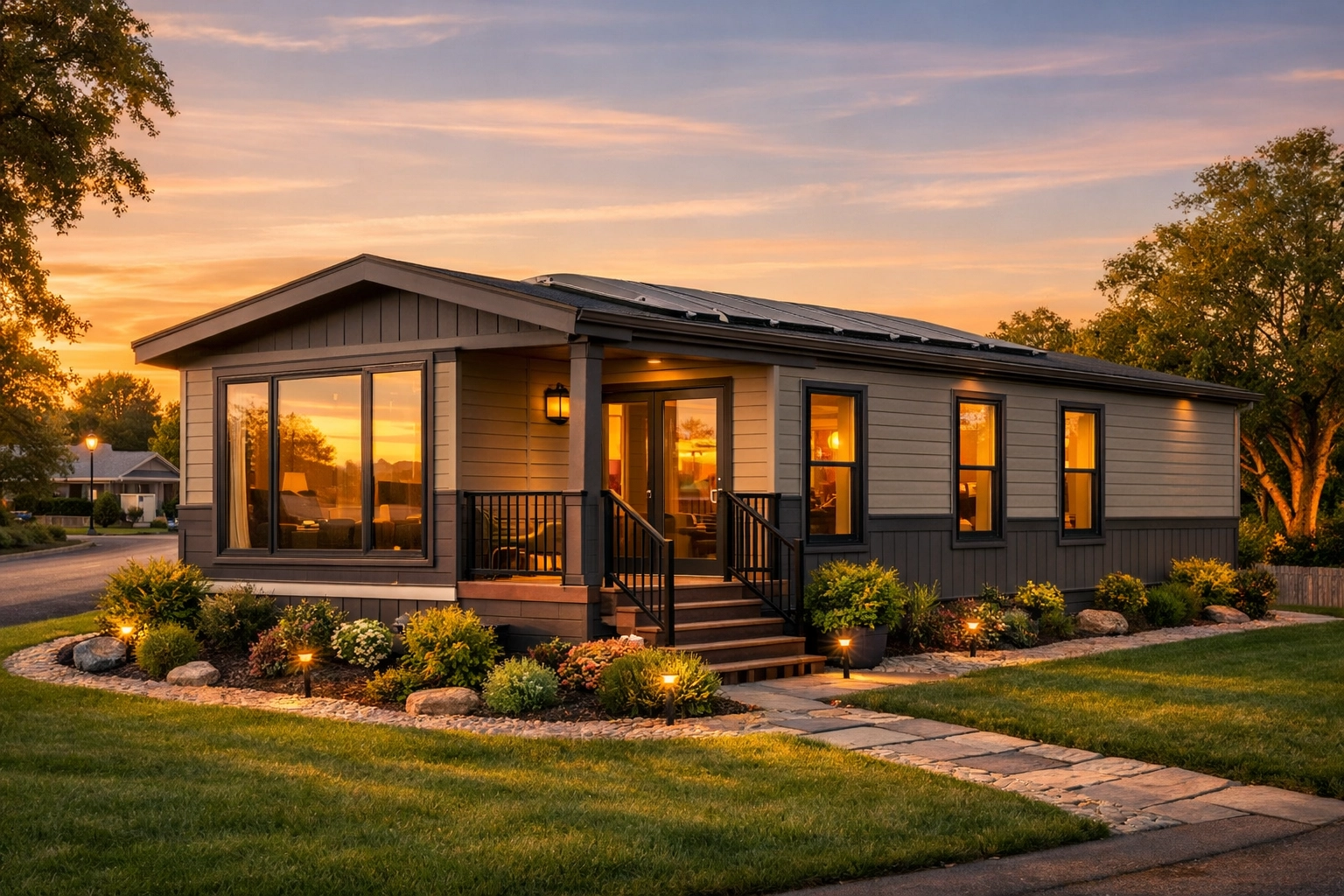 Contemporary manufactured home with solar-ready roofing and energy-efficient windows at sunset.
