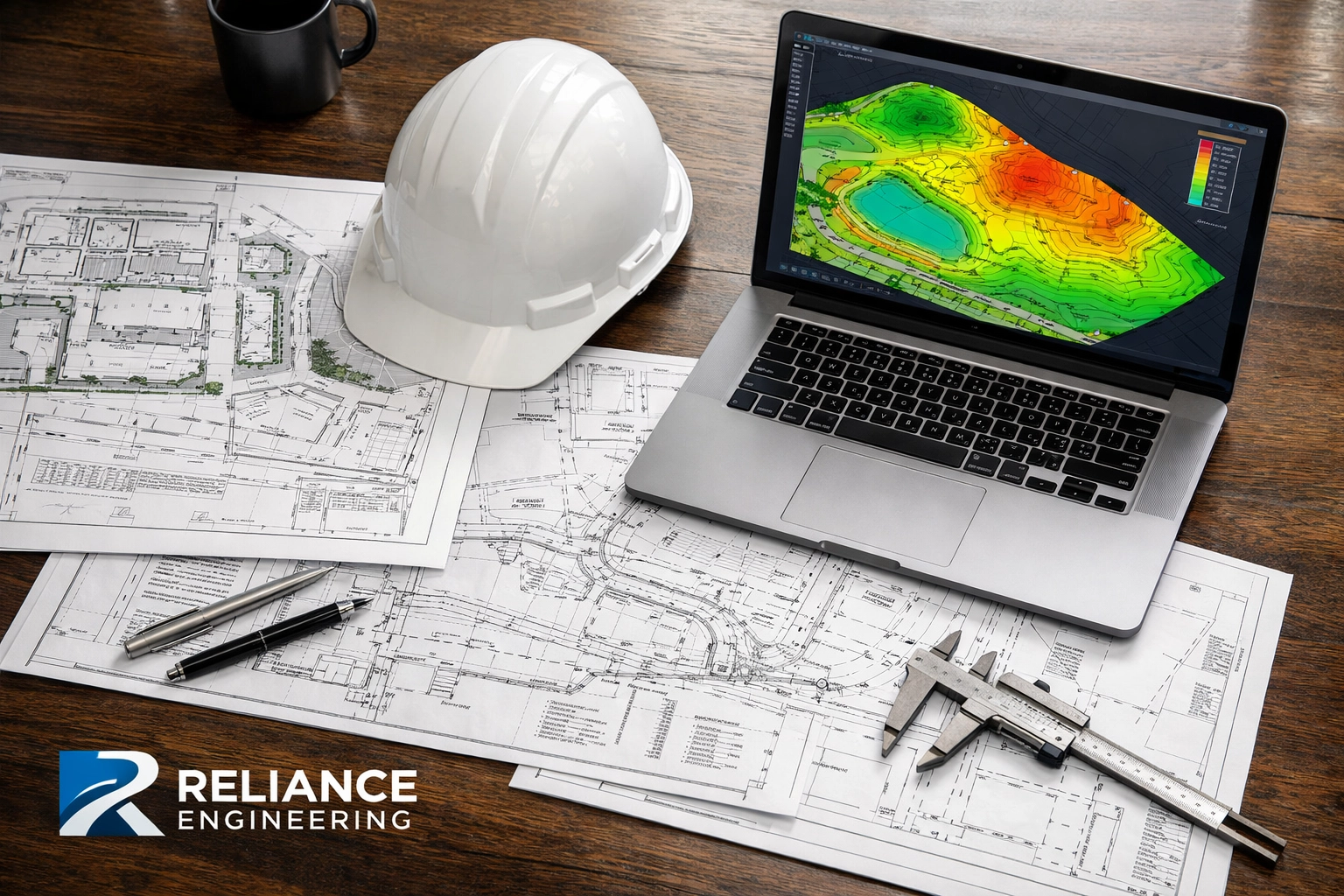 Professional engineering workspace with site grading models and blueprints for Ontario site plan approval projects.