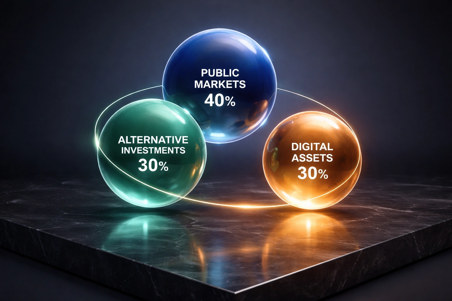 Illustration of a diversified 40/30/30 investment portfolio with spheres symbolizing public markets, alternatives, and digital assets.