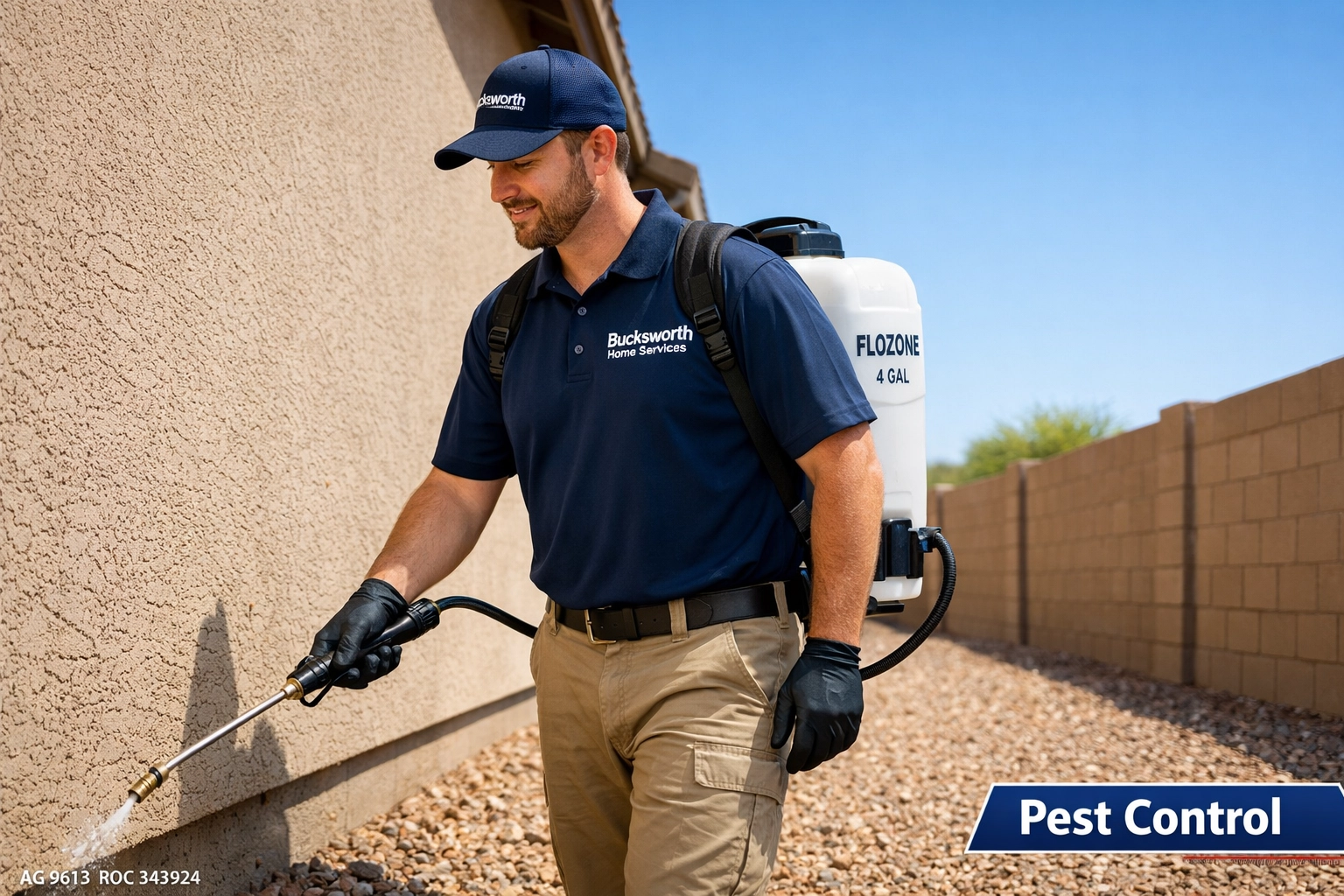 Bucksworth technician providing professional pest control and scorpion defense in a Maricopa, AZ backyard.