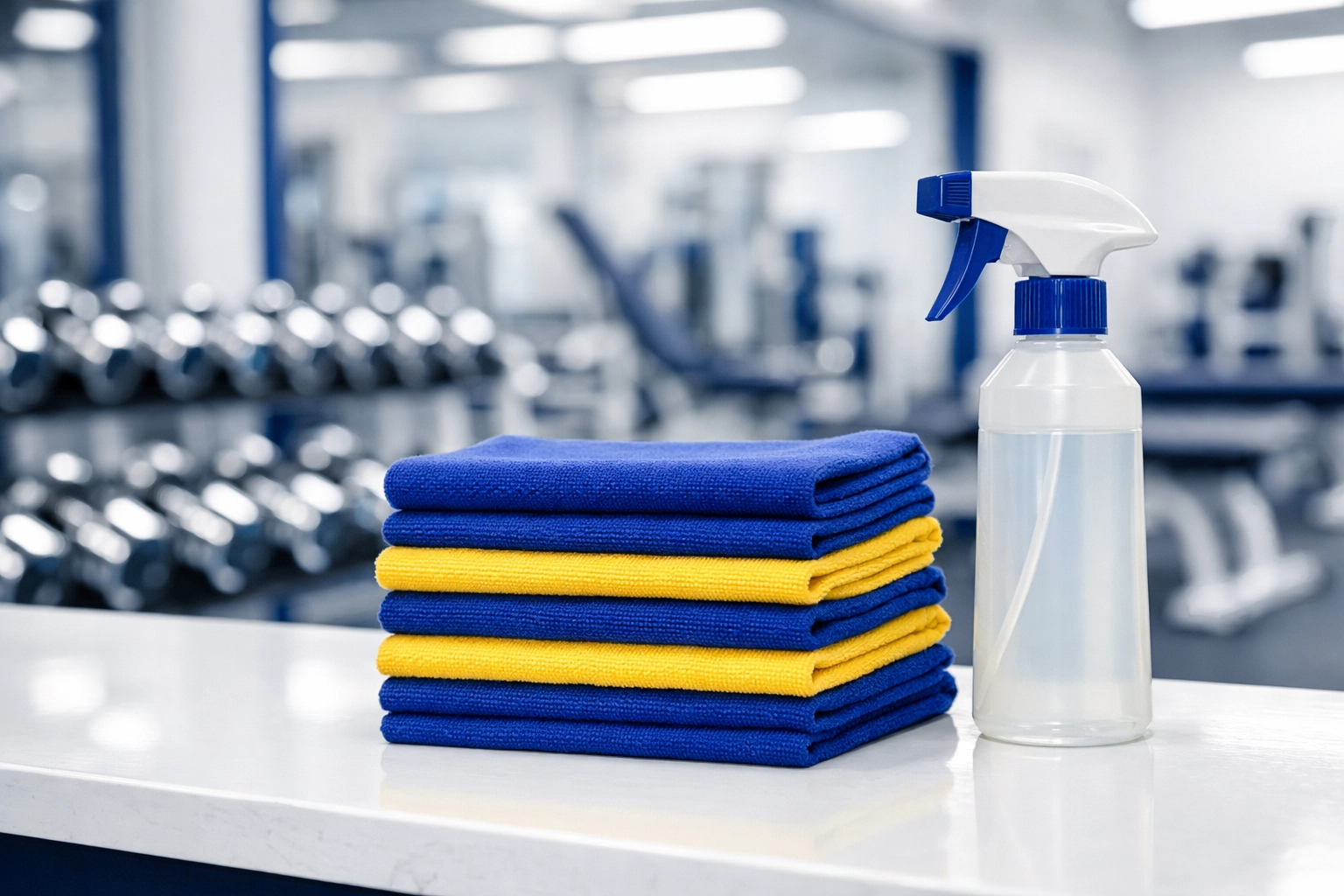 Professional gym cleaning supplies and disinfectant spray in a pristine commercial weight room.