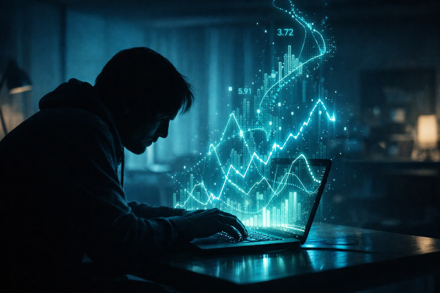 A person researching economic data on a laptop with glowing charts symbolizing search trends and market anxiety.