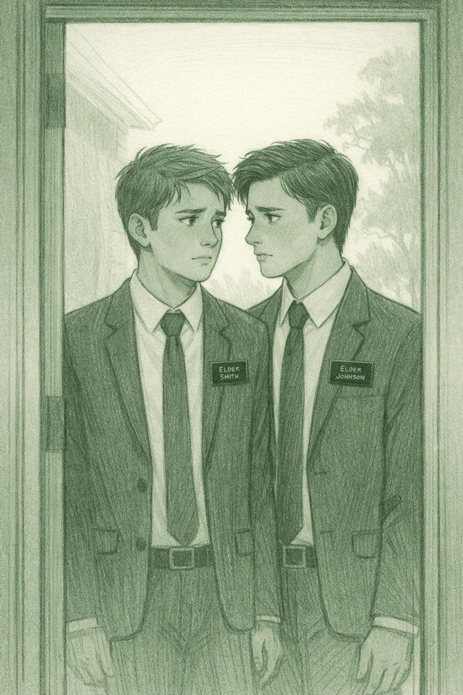 Mormon missionaries in doorway showing forbidden connection between gay men in LDS church