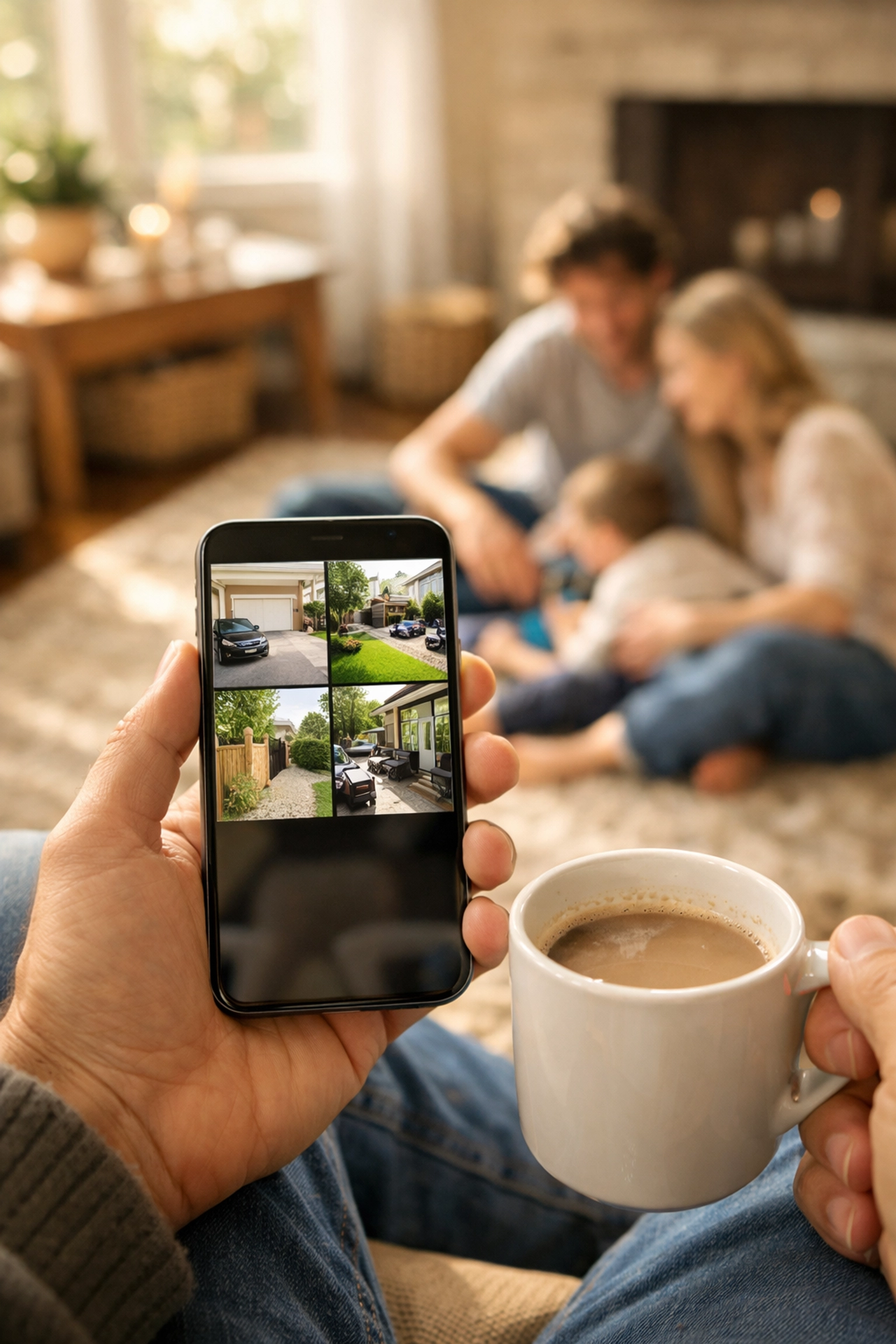 Homeowner viewing 24/7 CCTV footage on a mobile app with no monthly subscription fees.