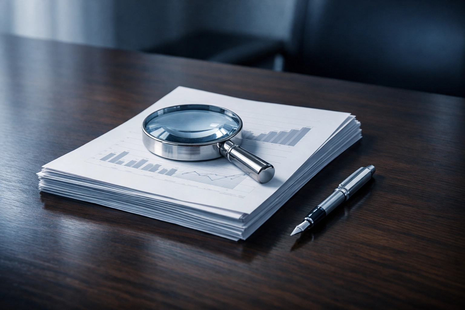 Magnifying glass on business financial reports, symbolizing deep scrutiny during an Alabama company sale.
