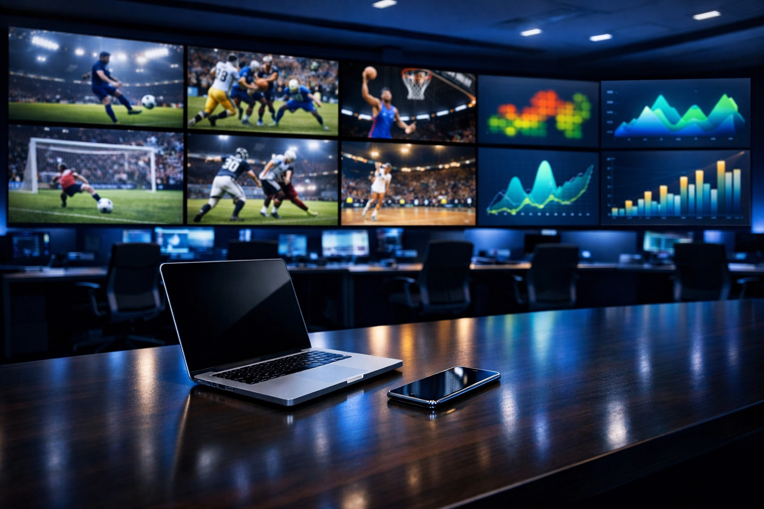 Modern sports media command center showcasing data analytics and live broadcasting for Dakdan Worldwide network.
