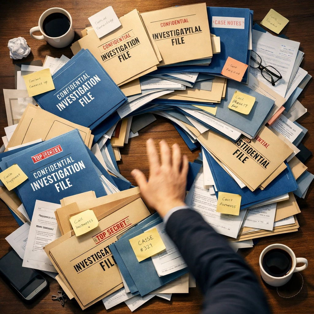 Chaotic office desk showing investigation scope creep with scattered files and documents