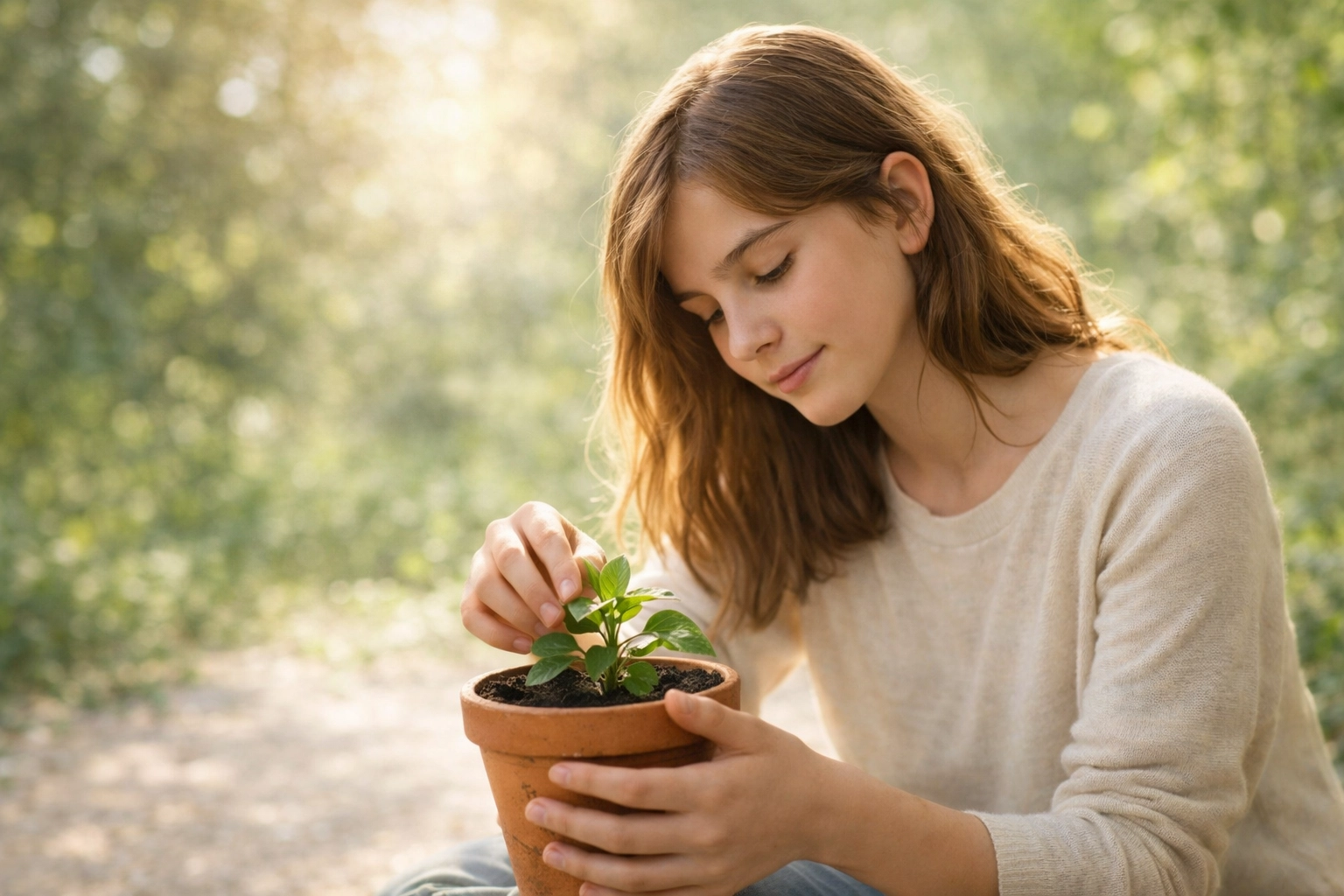A teenager peacefully tending to a plant as part of their healing journey in trauma informed residential care.
