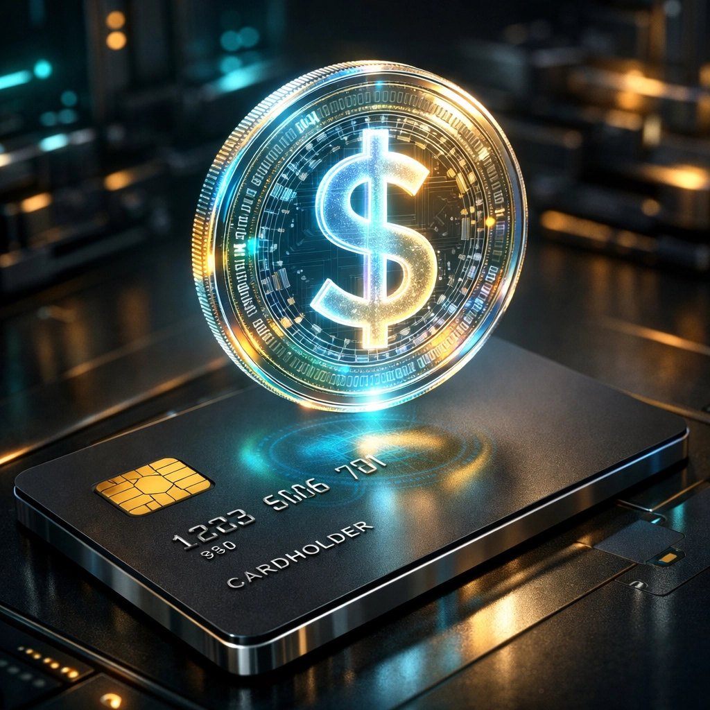 Digital dollar coin above a black card illustrating LUSD stablecoin benefits and instant push-to-card payments.