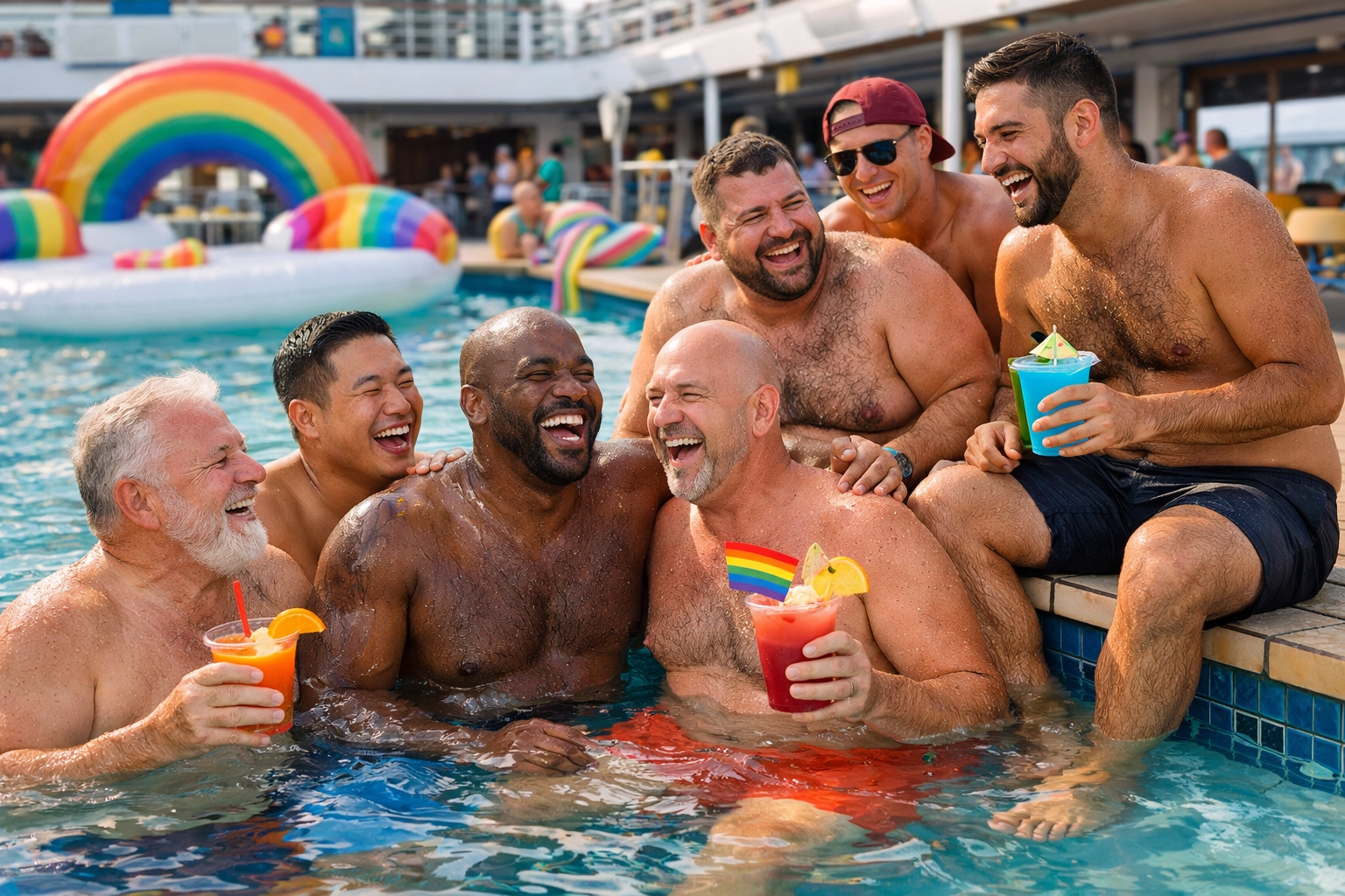 Diverse group of gay men celebrating together in cruise ship pool with tropical drinks