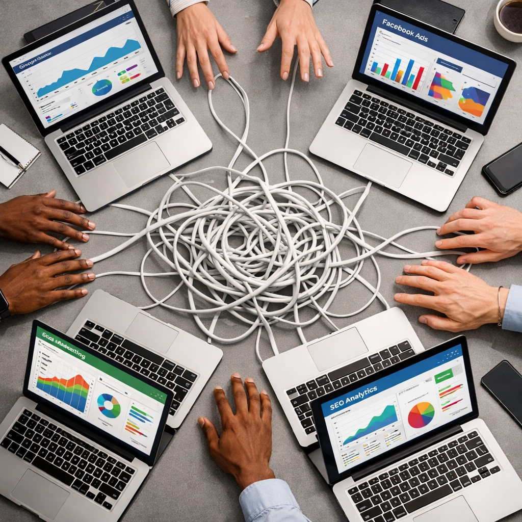 Multiple marketing platform dashboards showing tracking complexity across different tools