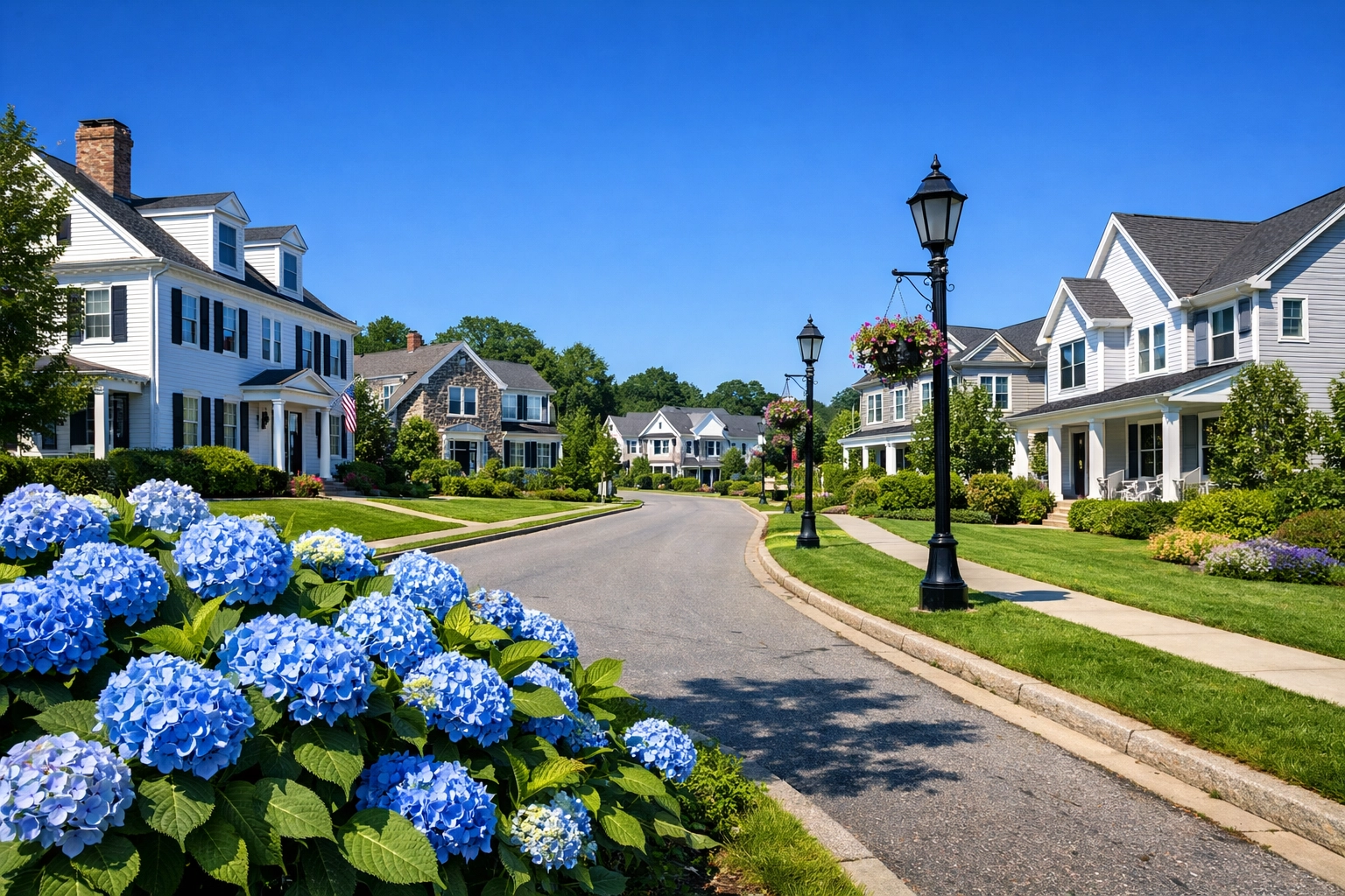 A scenic Massachusetts neighborhood in MetroWest South featuring high-end homes and manicured lawns.