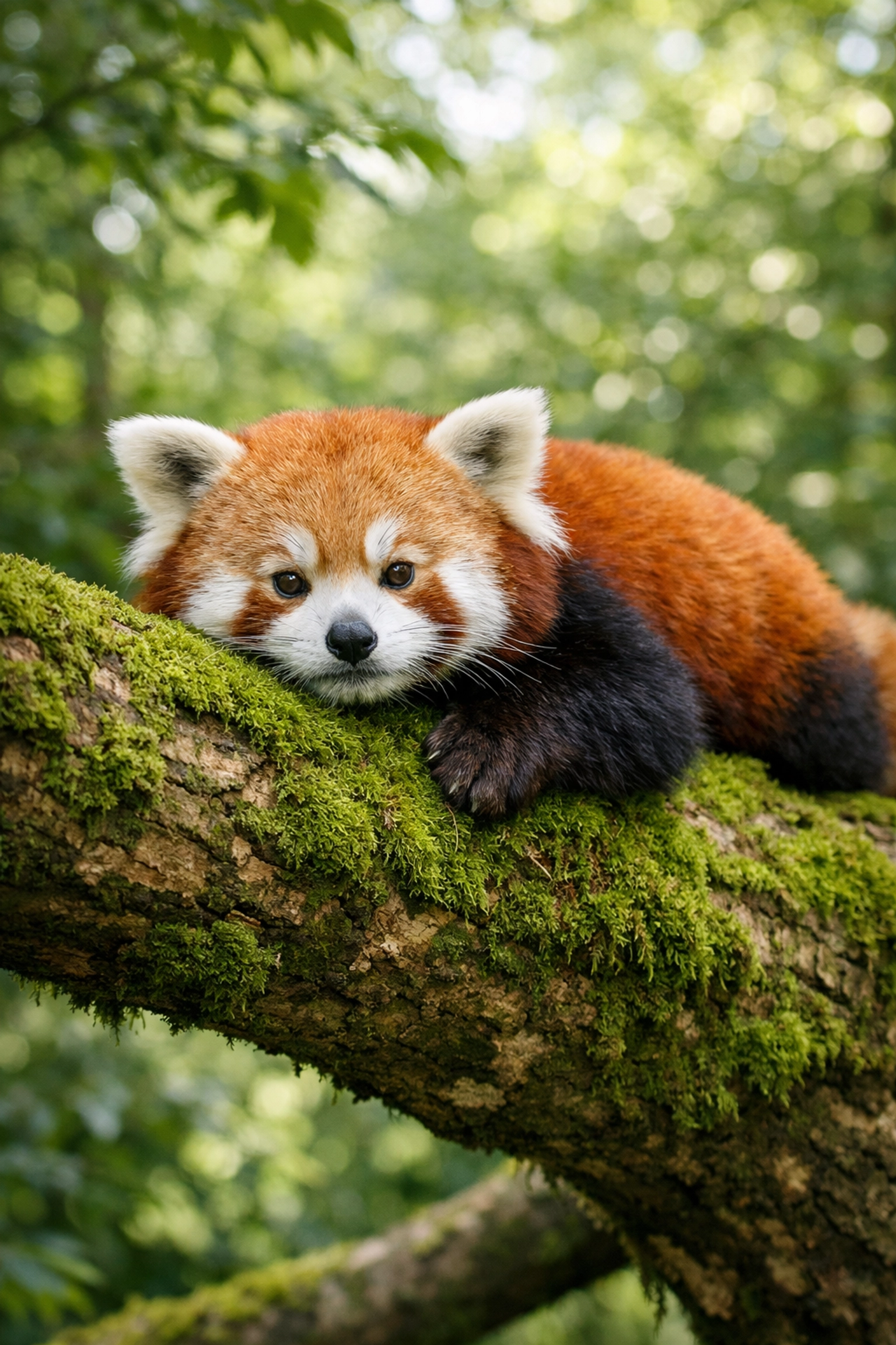 Vibrant red panda on a mossy tree branch representing high-quality digital media standards.
