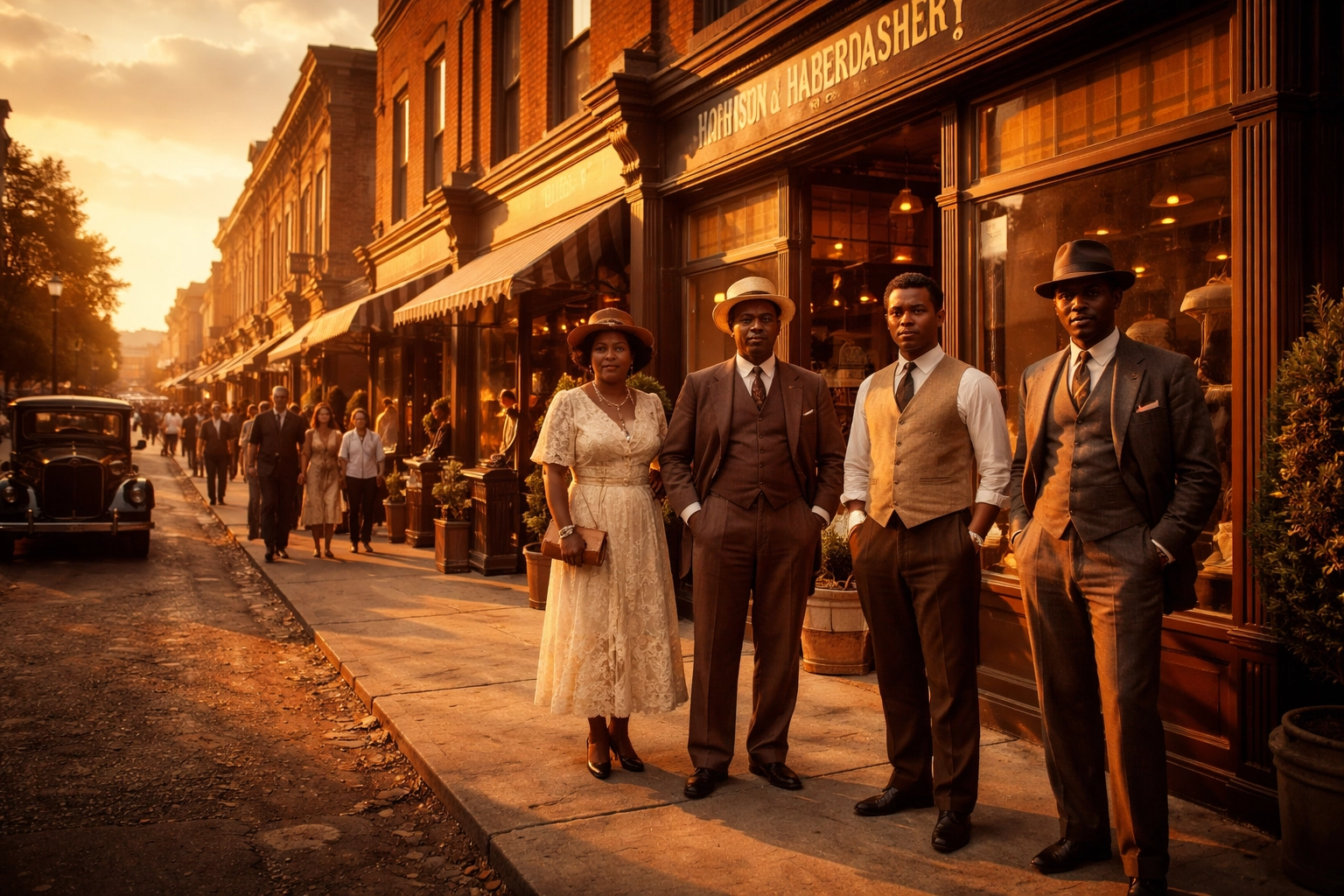 Historic Black entrepreneurs outside bustling Greenwood District storefronts in Tulsa, celebrating Black Wall Street’s legacy.
