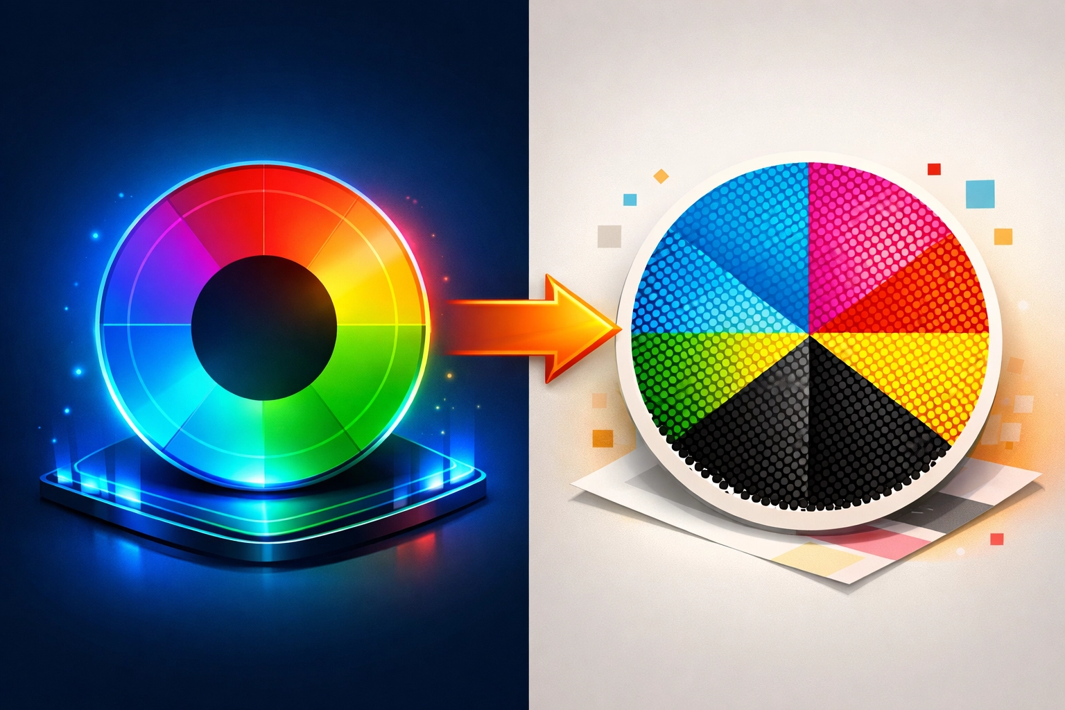 RGB and CMYK color wheels showing conversion from screen to print color space