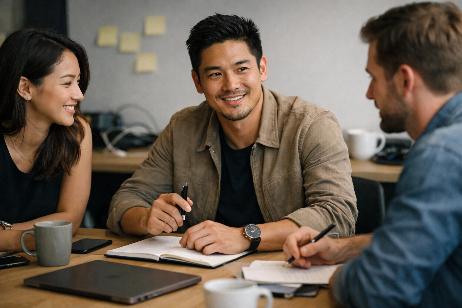 Jordan Lee collaborating with colleagues around a table—cinematic natural lighting, shallow depth of field, and authentic workspace clutter (post-its, cables, mugs).