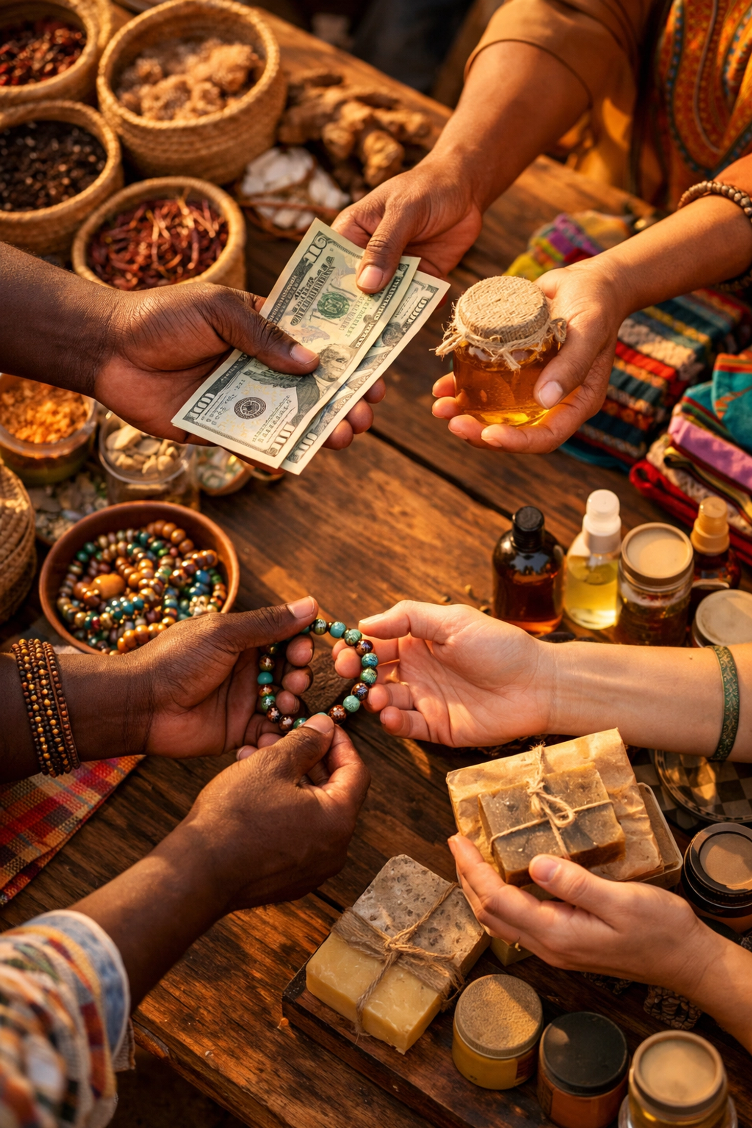 Hands exchanging goods at Black-owned market showing community economic circulation
