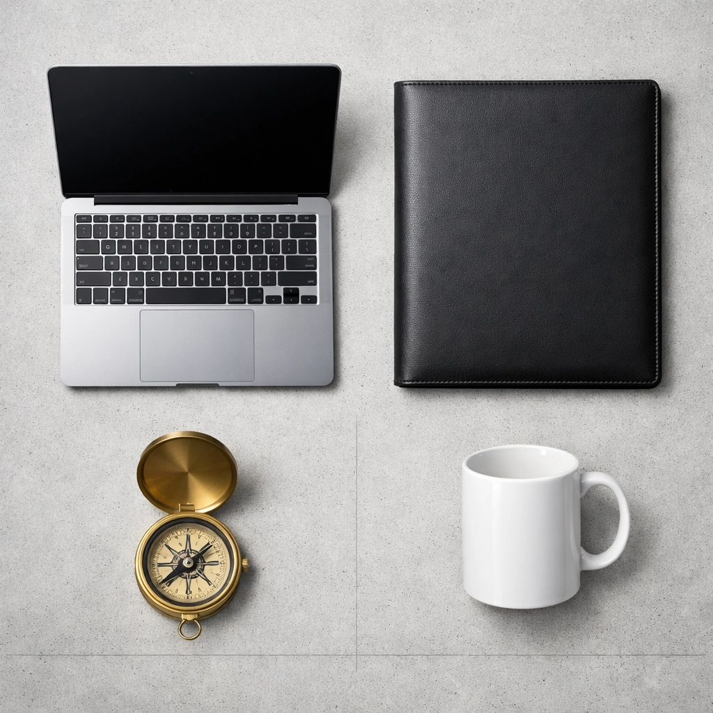 Organized office essentials including a laptop and compass showing the stability provided by a specialized hiring partner.