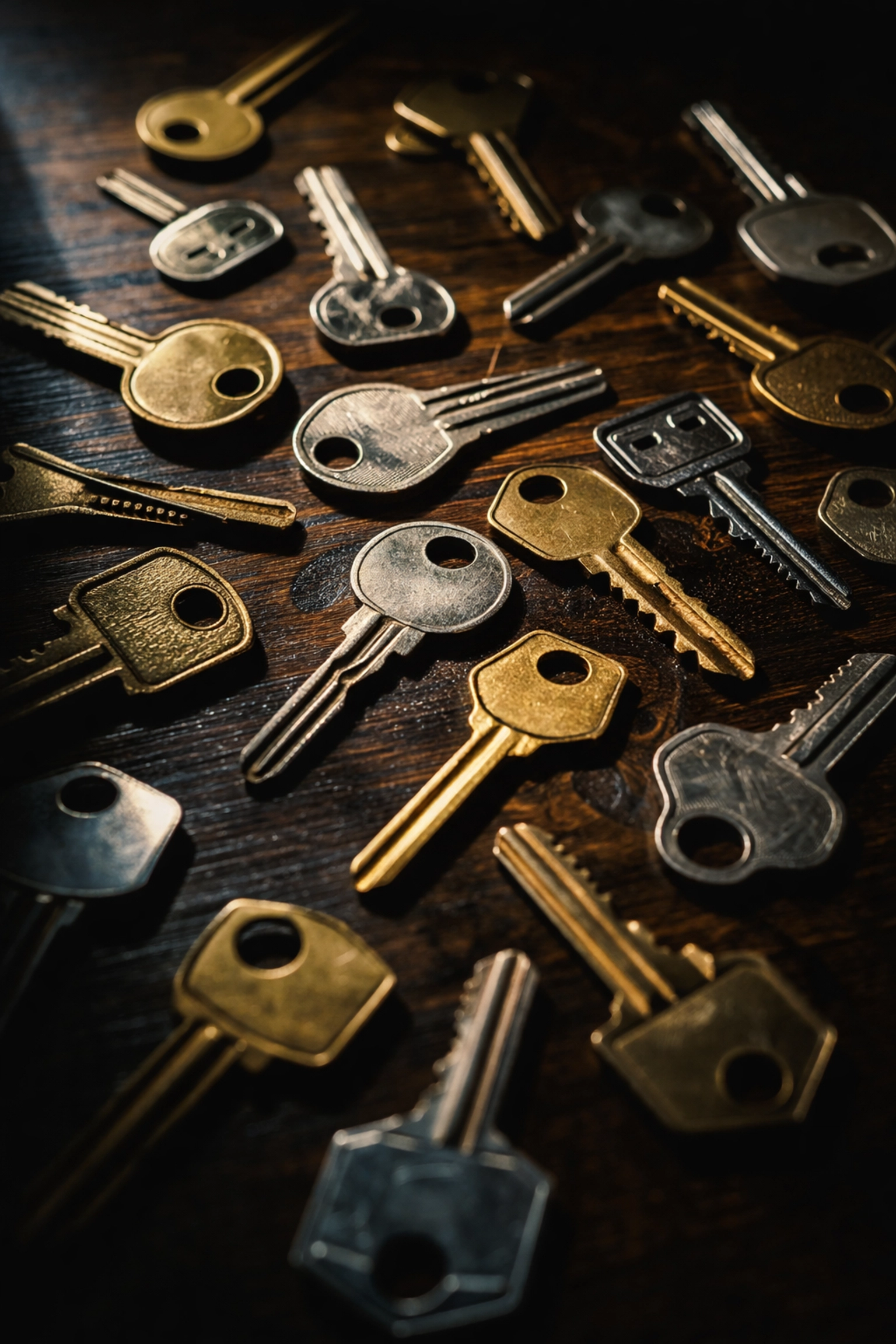 A variety of old and new house keys on a dark table, highlighting security risks for new Indianapolis property owners.