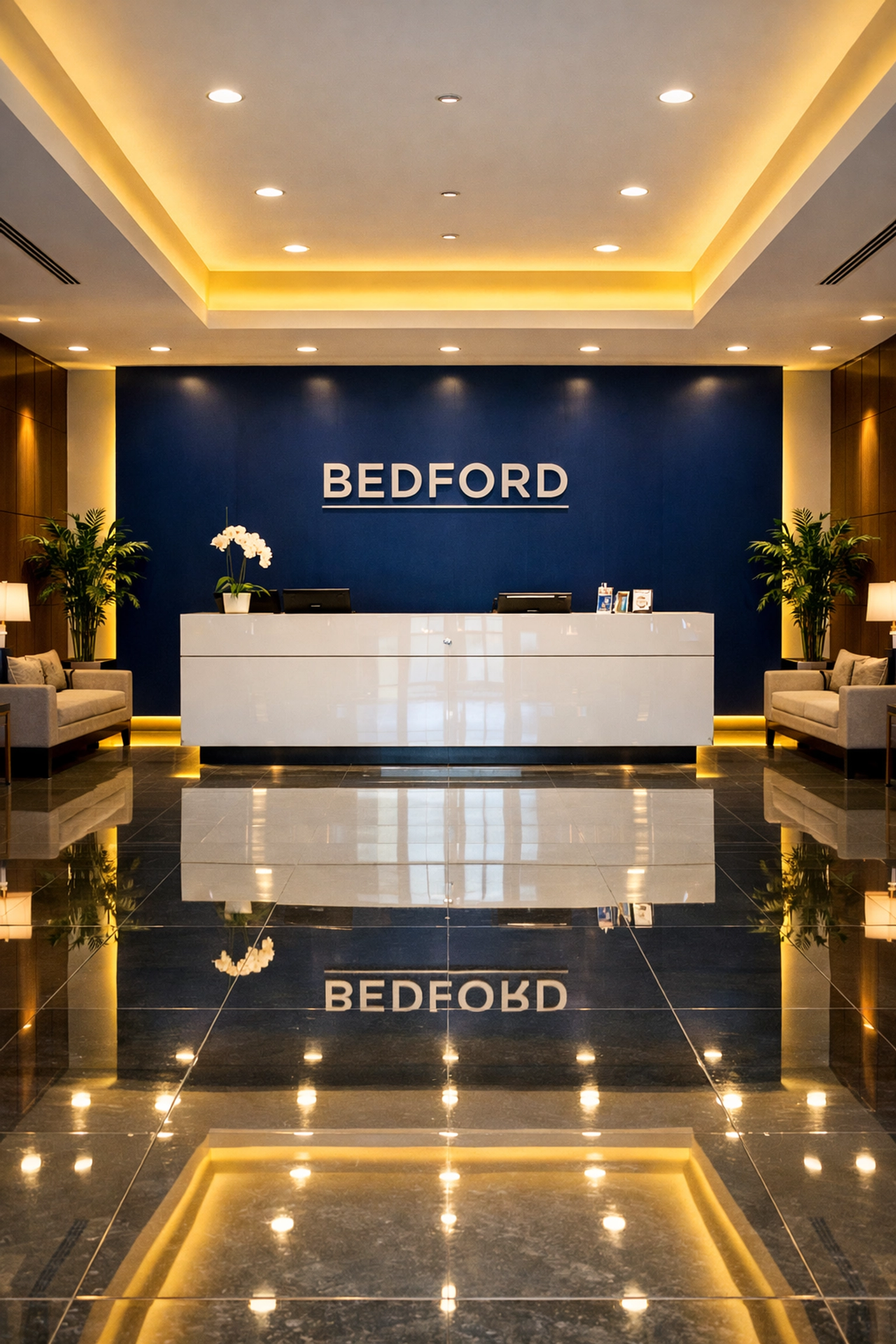 Polished and welcoming modern office lobby in Bedford maintained by professional commercial cleaning.