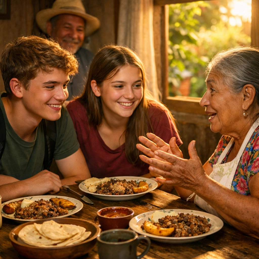 Students sharing a traditional meal with their Costa Rican host family during a homestay.