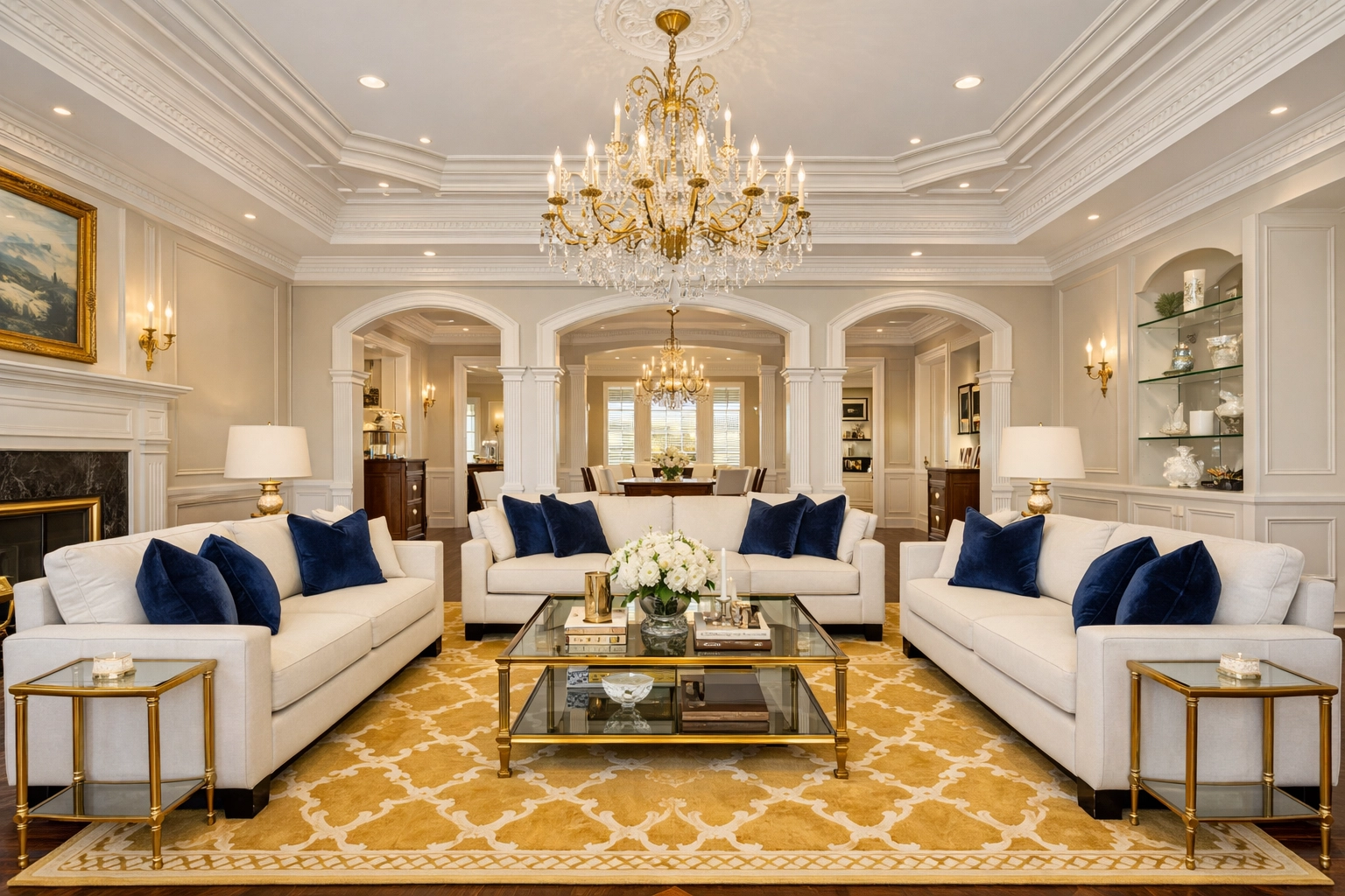 Spotless luxury living room in Massachusetts with perfectly fluffed pillows and streak-free surfaces.