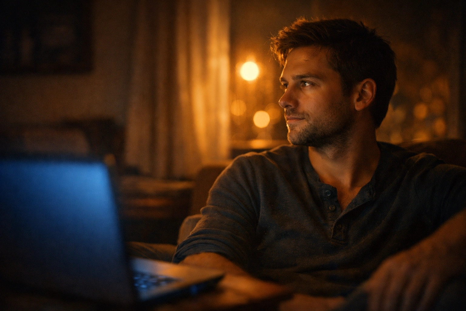 Gondolkodó férfi a monitor előtt, aki felismeri a pornófüggőség hatását az életére.