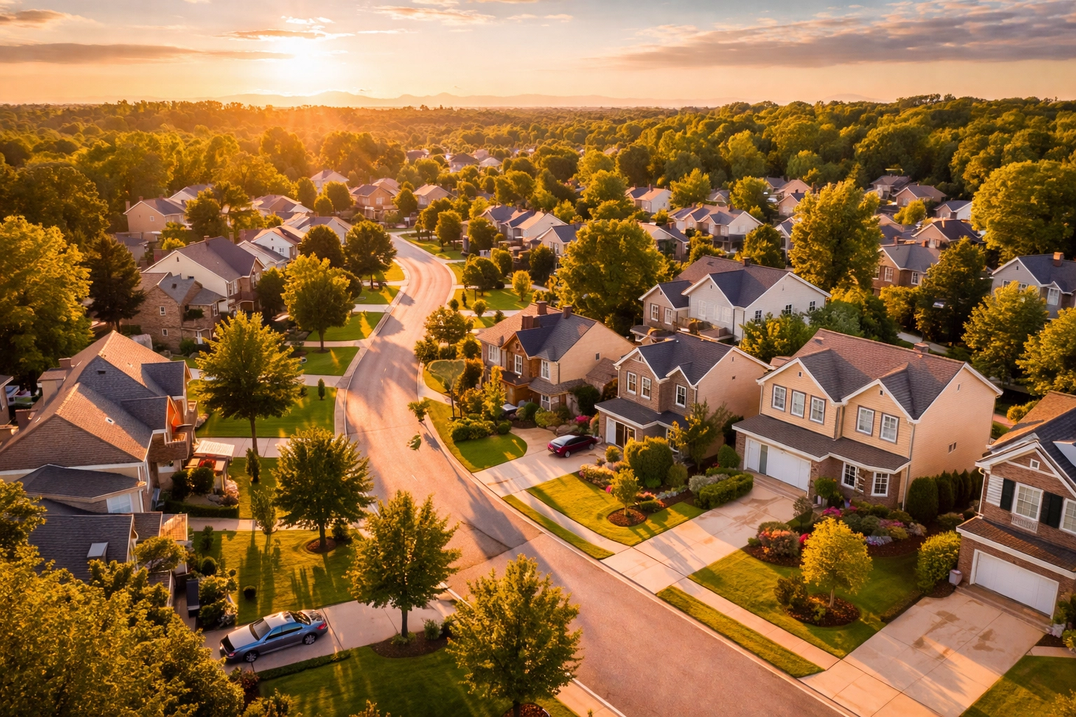 Aerial view of a Lawrenceville, GA neighborhood with tree-lined streets and family homes at sunset, highlighting local real estate charm