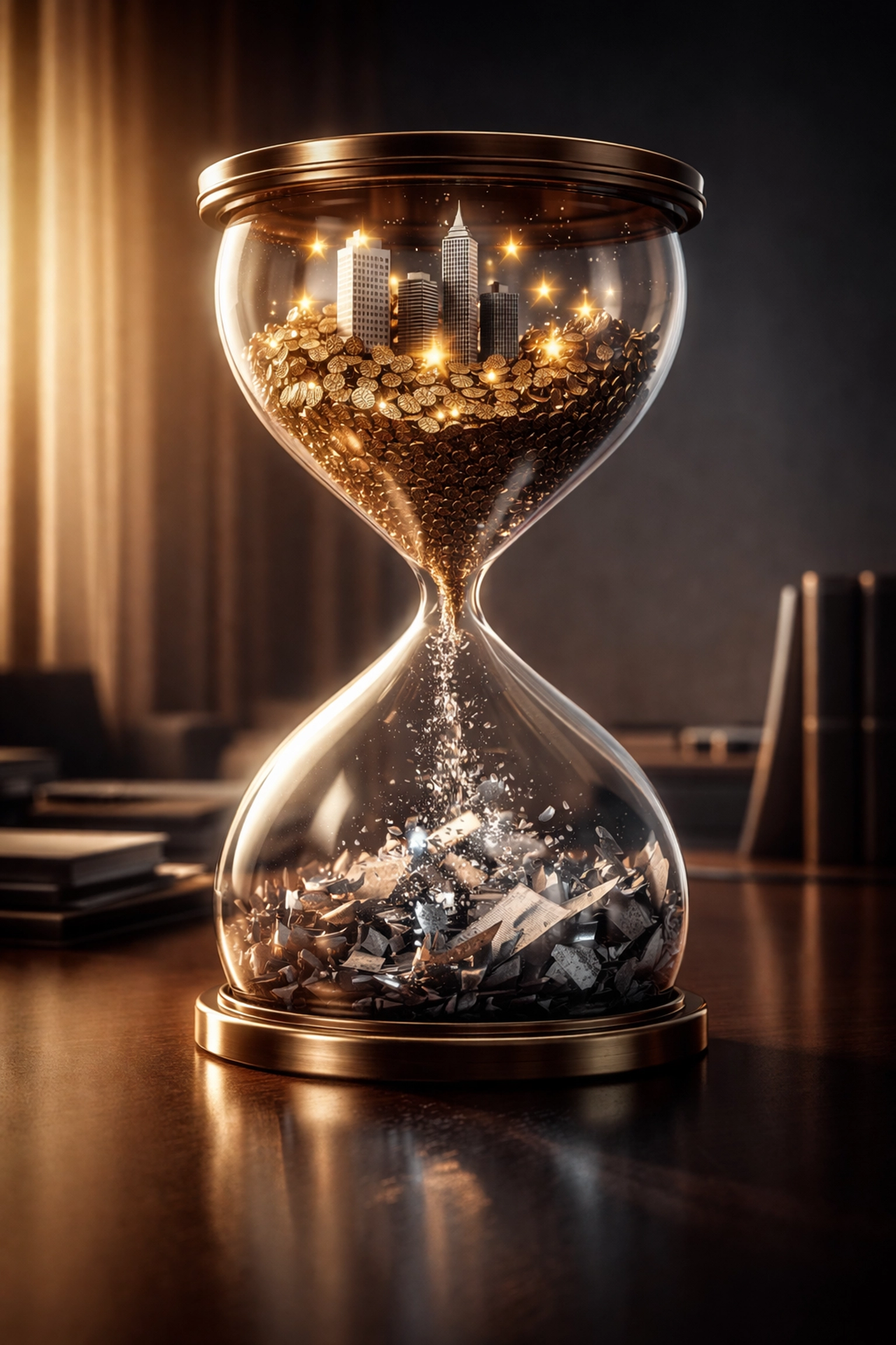 Hourglass draining golden coins and reputations into broken documents, highlighting the cost of ignoring AI policy.