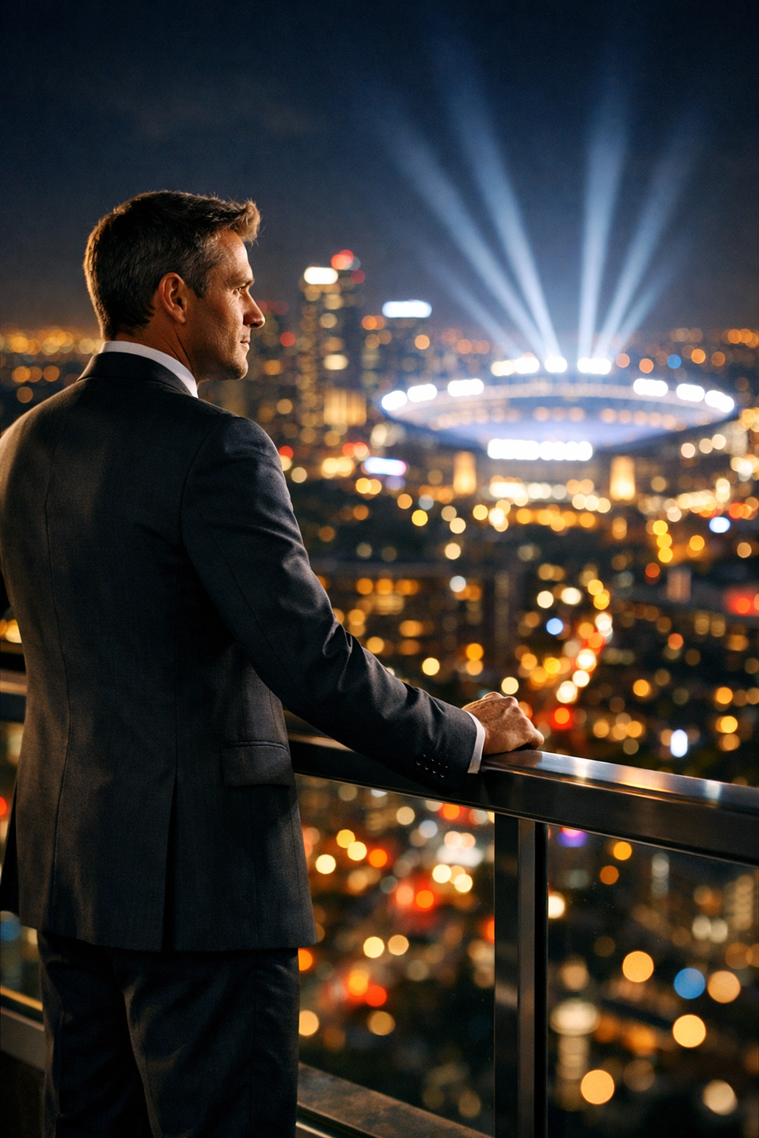 Corporate executive overlooking a vibrant Super Bowl host city skyline at night from a high-rise balcony.